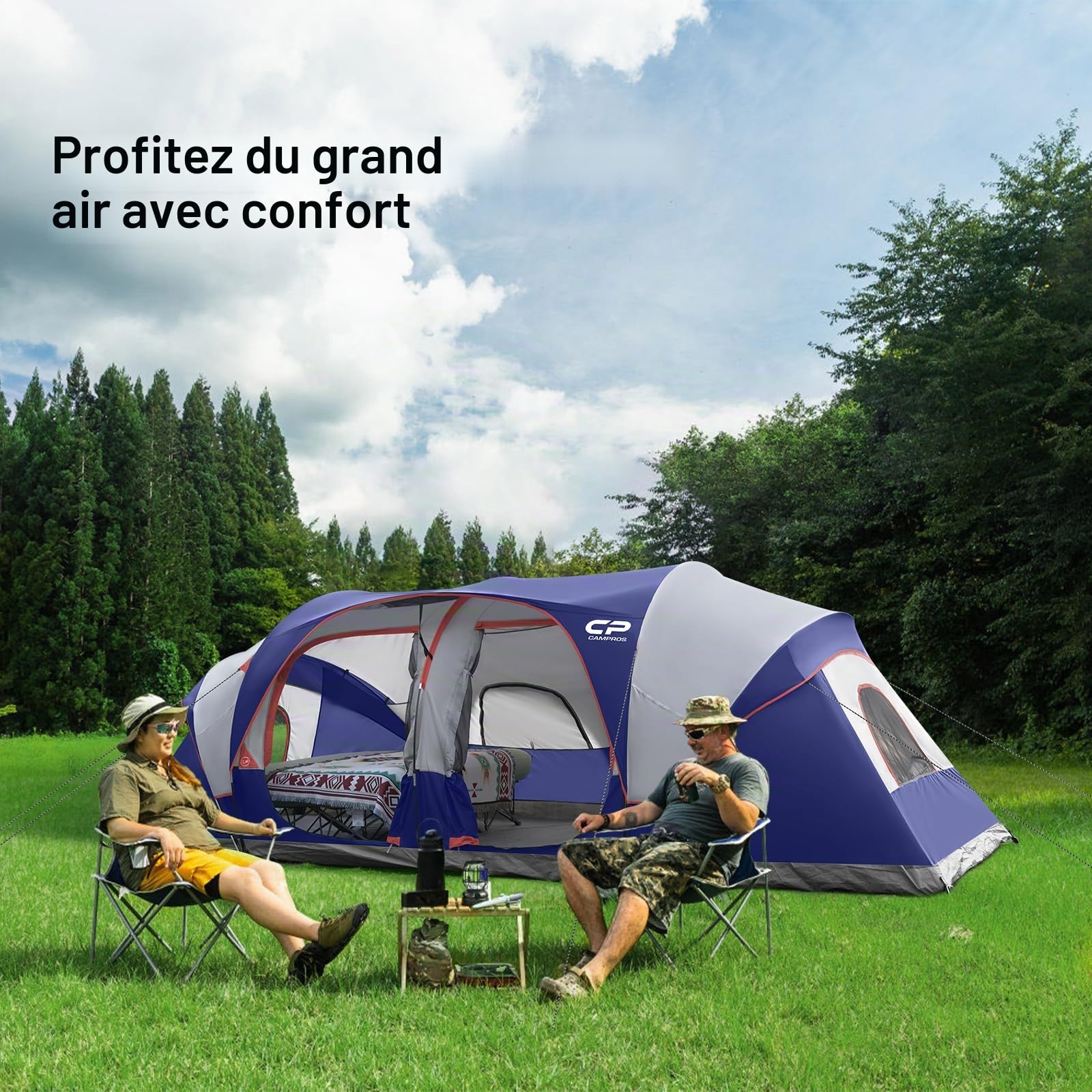 CAMPROS CP Tente Familiale 6-12 Personnes, Grande Tente Tunnel avec 3 Chambres, Hauteur 183 cm, Tente Camping Imperméable avec Grand Espace de Vie, Moustiquaires et Sac de Transport