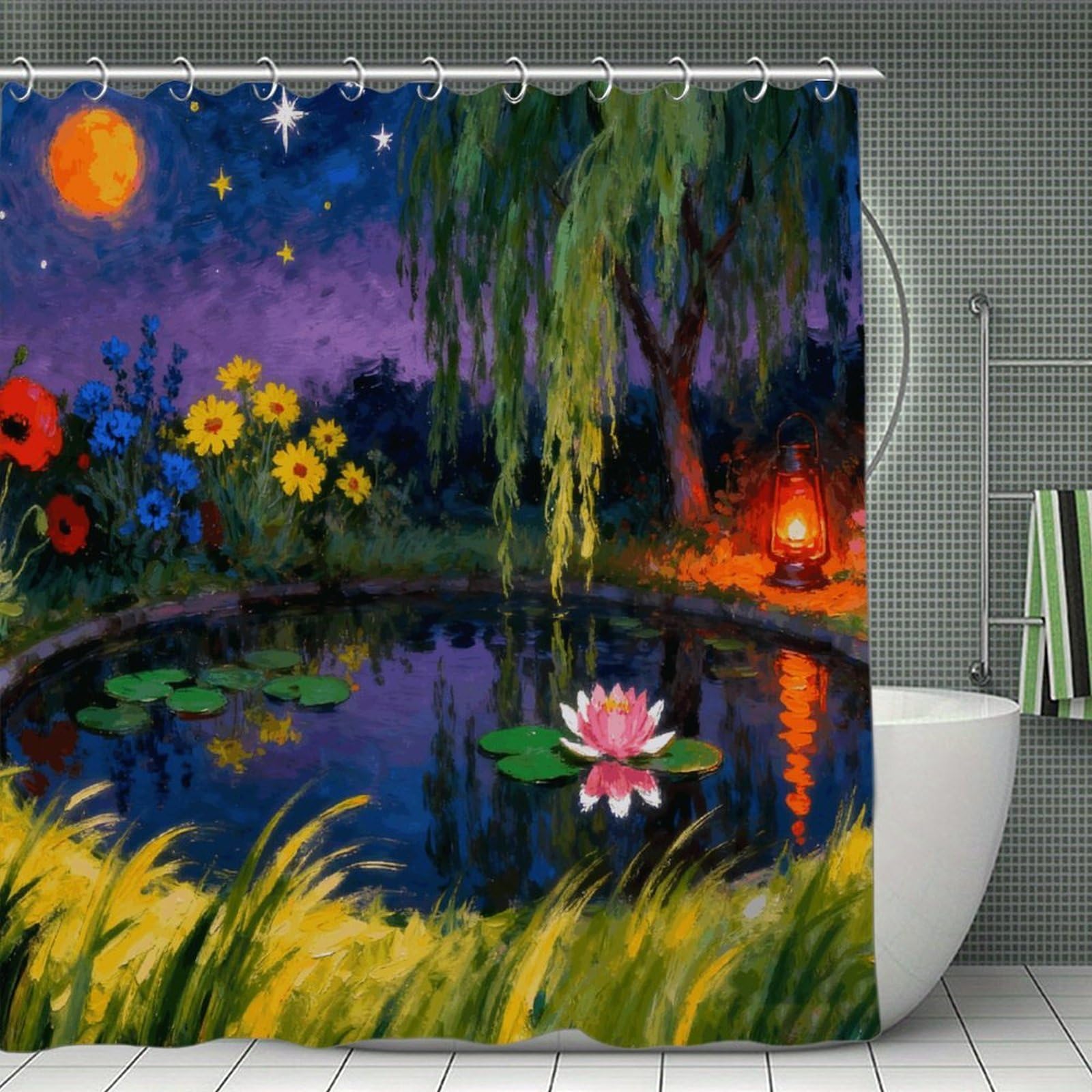 VstaDank Moonlit Pond Shower Curtain Light-Weight Blackout Bathroom Curtain Washable Shower Liner 71x71 Inch Bath Curtain with Metal Holes Bathtub Bath Room