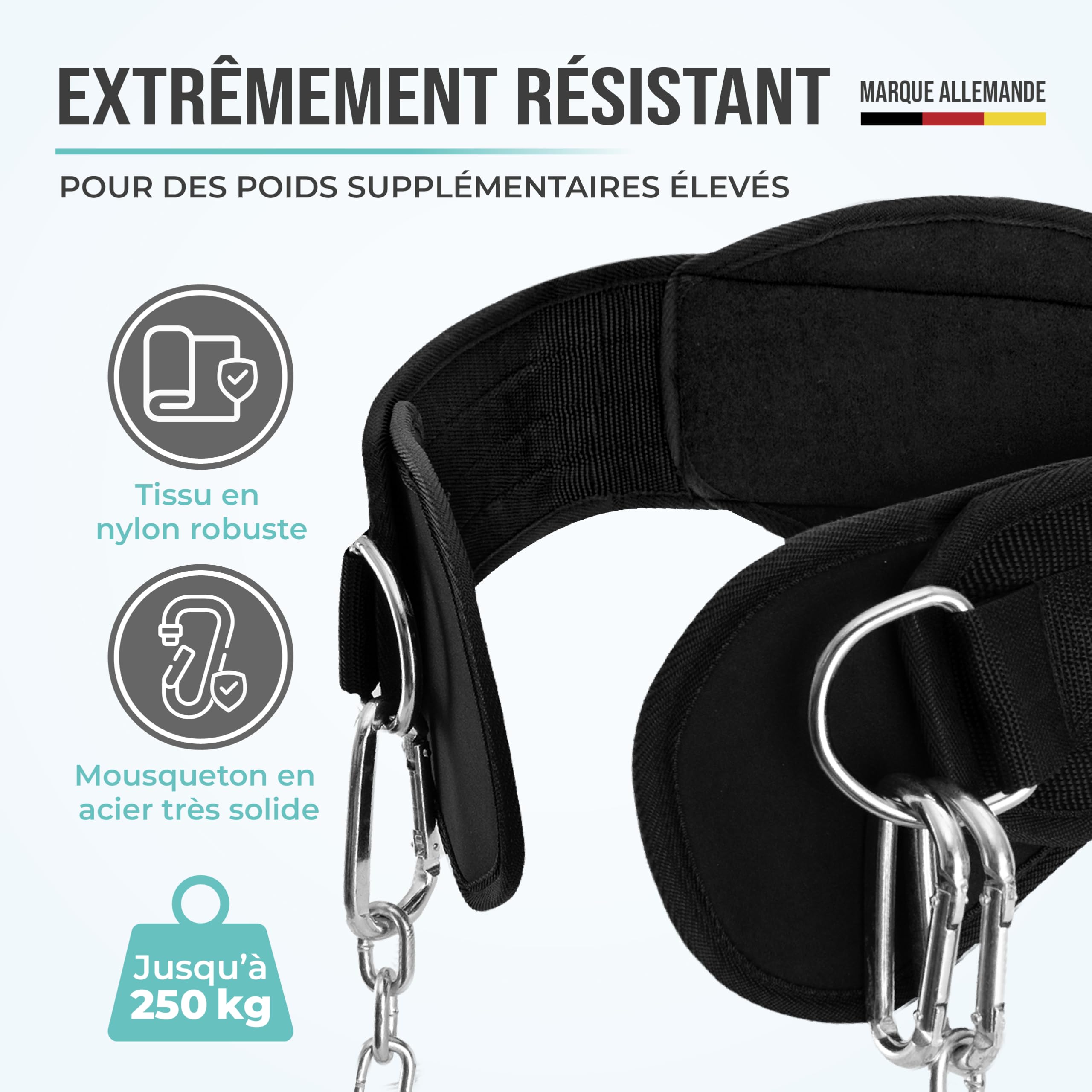 PULLUP & DIP Ceinture Lestee avec Chaîne et 3x Mousquetons, Dip Belt avec Rabats en Néoprène pour Protéger les Vêtements, Ceinture d'Haltérophilie, Dip Belt, Ceinture de Tractions pour Musculation