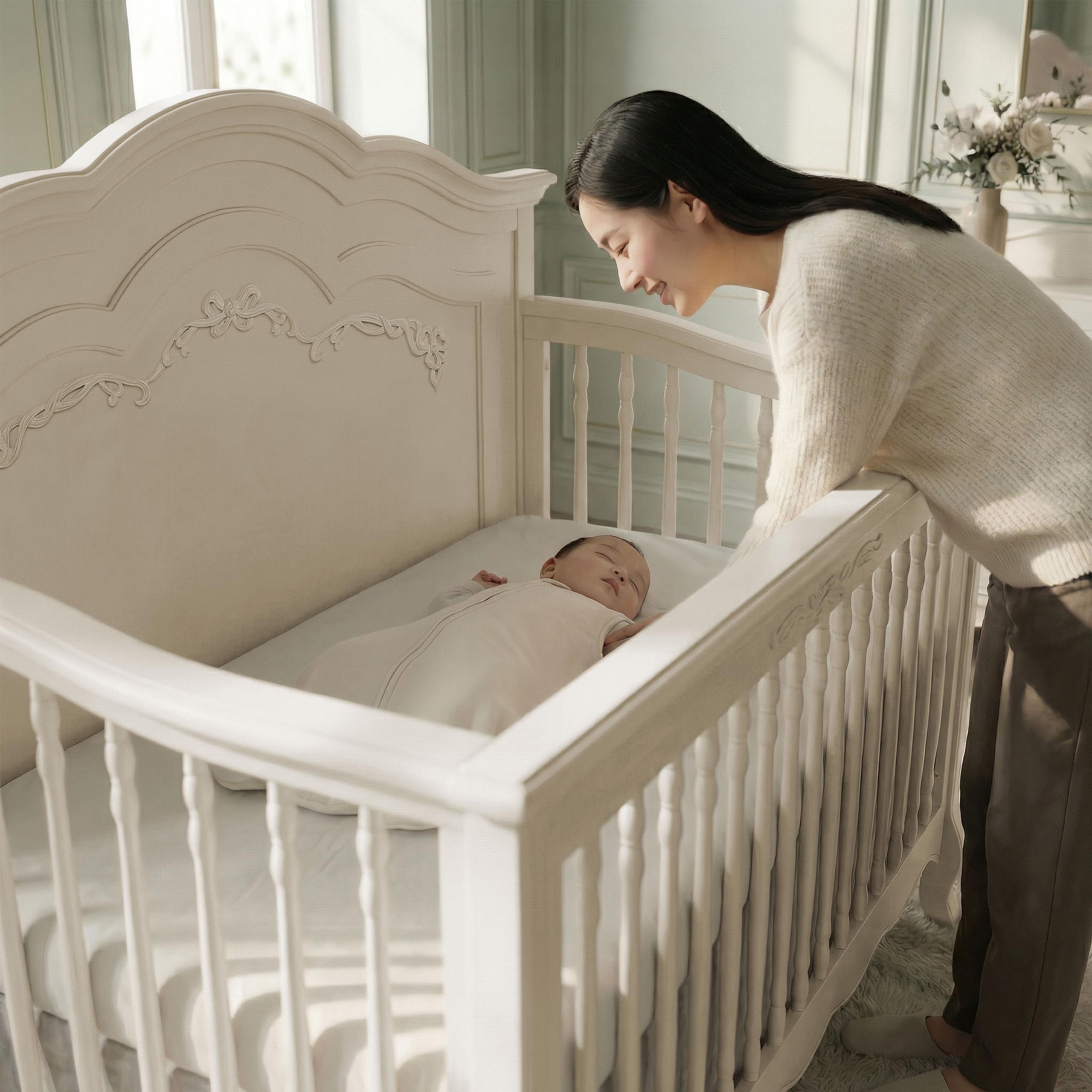 Evolur Aurora 5-in-1 Convertible Full-Size Baby Crib in Ivory Lace, 3 Mattress HeightsRibbon Bow Scrollwork & Queen Anne Feet, Converts to Toddler, Day & Full-Size Bed Product Image 6