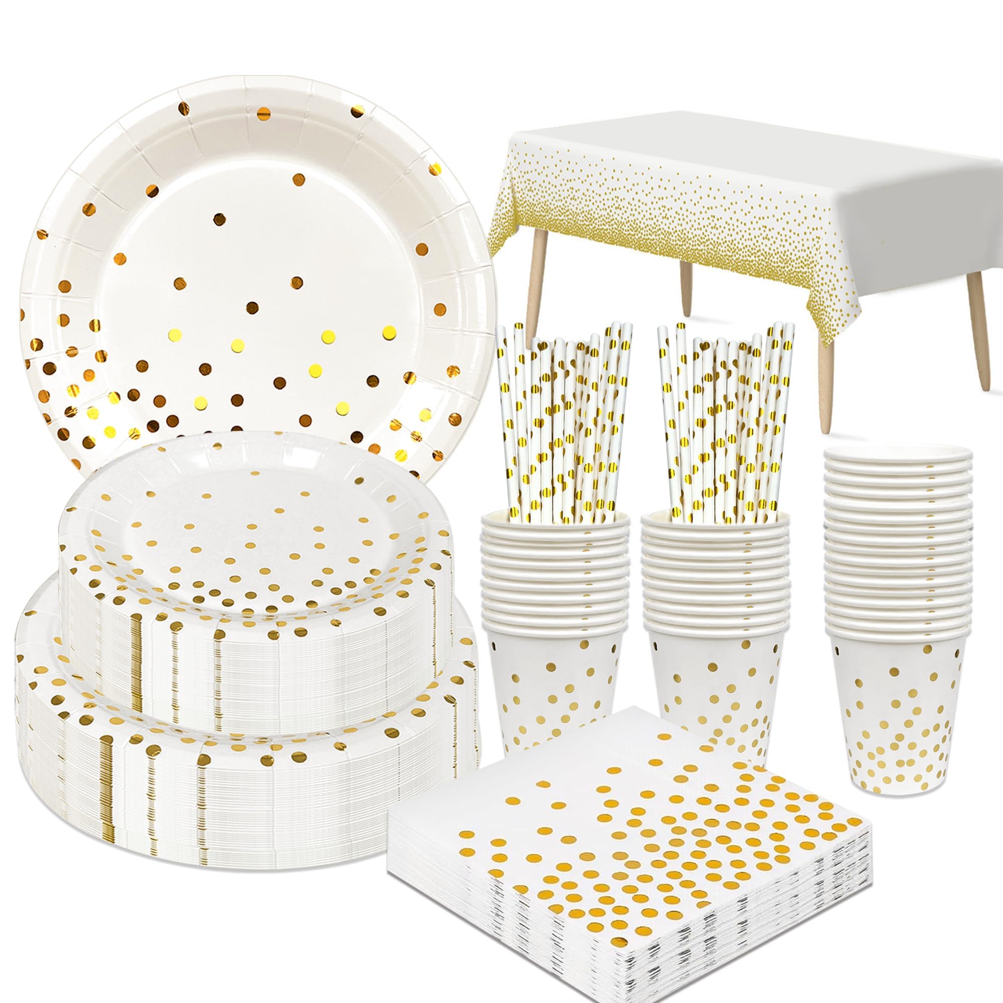 Vajilla de fiesta de oro blanco y dorado, juego de vajilla para fiesta de cumpleaños infantil, color blanco y dorado, plato de fiesta, blanco y dorado, vasos de papel, servilletas, etc. Decoración de
