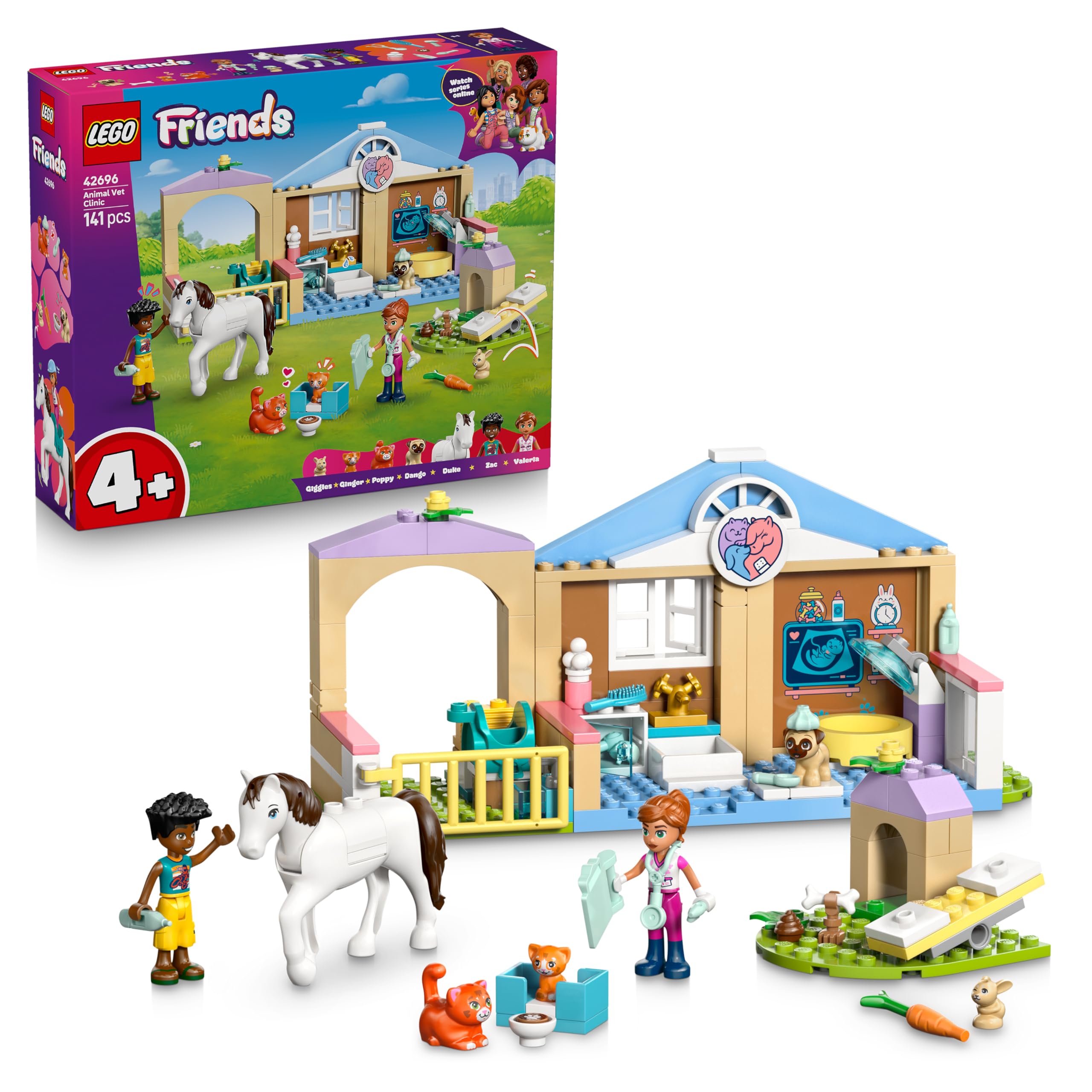 LEGO Friends Tierklinik - Lernspielzeug mit Pferdestall, 2 Mini Puppen, Hund-, Kaninchen- & Katzenfigur Plus Zubehör - Geburtstagsgeschenk für Mädchen ab 4 Jahren - 42696