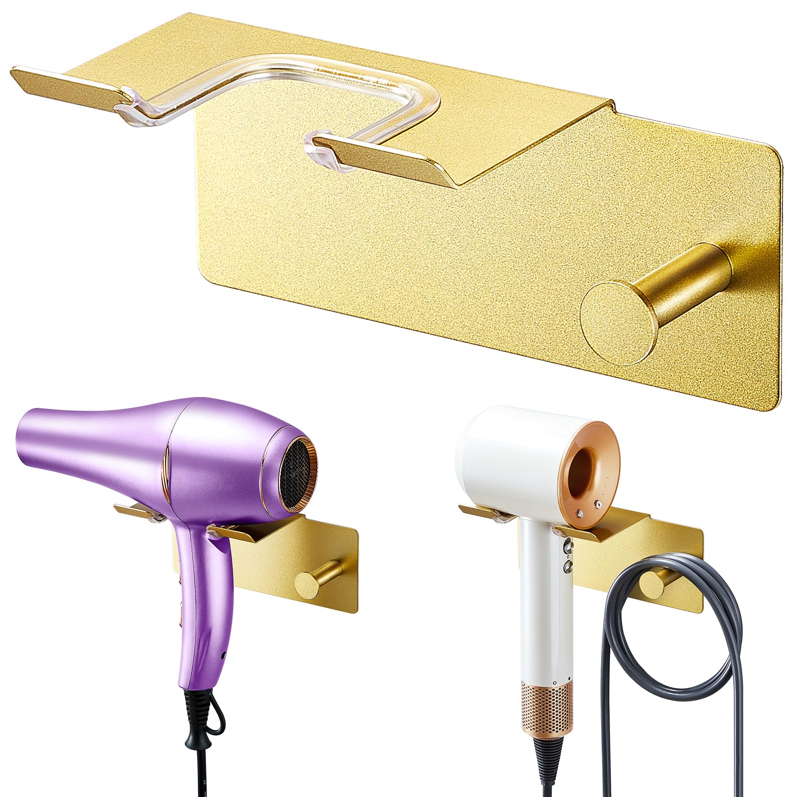 XILIMEN Hair Dryer Holder Wall Mounted, Blow Dryer Holder Adhesive, Metal Hairdryer Holder for Bathroom, Hair Tool Organizer with Plug&Cord for Cabinet Bathroom Bedroom Barber Shops (Gold)