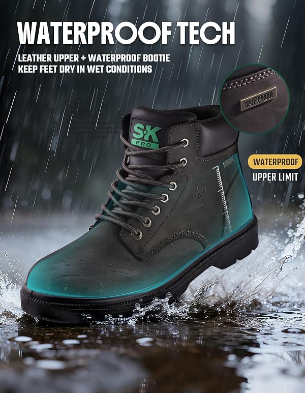 SKPRO Steel Toe Work Boots for Men, Waterproof Non Slip Safety Shoes for Construction, Comfortable Leather Work Boots (Chocolate, 14) by SKPRO - Used condition - Image 3