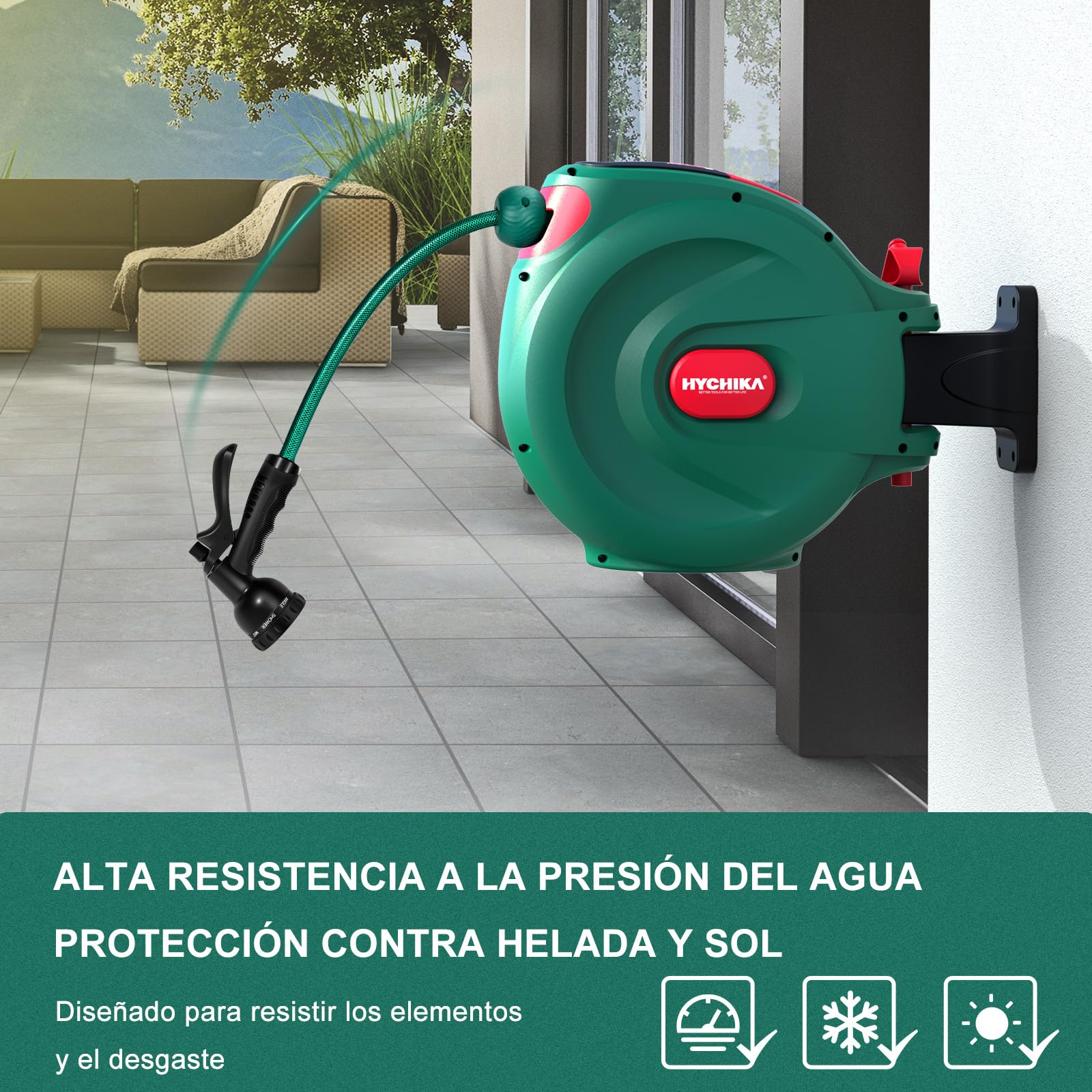 HYCHIKA Enrollador Manguera Jardin 30M - Carrete Retráctil Manguera para Pared, Bloqueo Automático, Pistola 8 Funciones, Caja Giratoria 180°, Almacenaje Seguro Riego Exterior