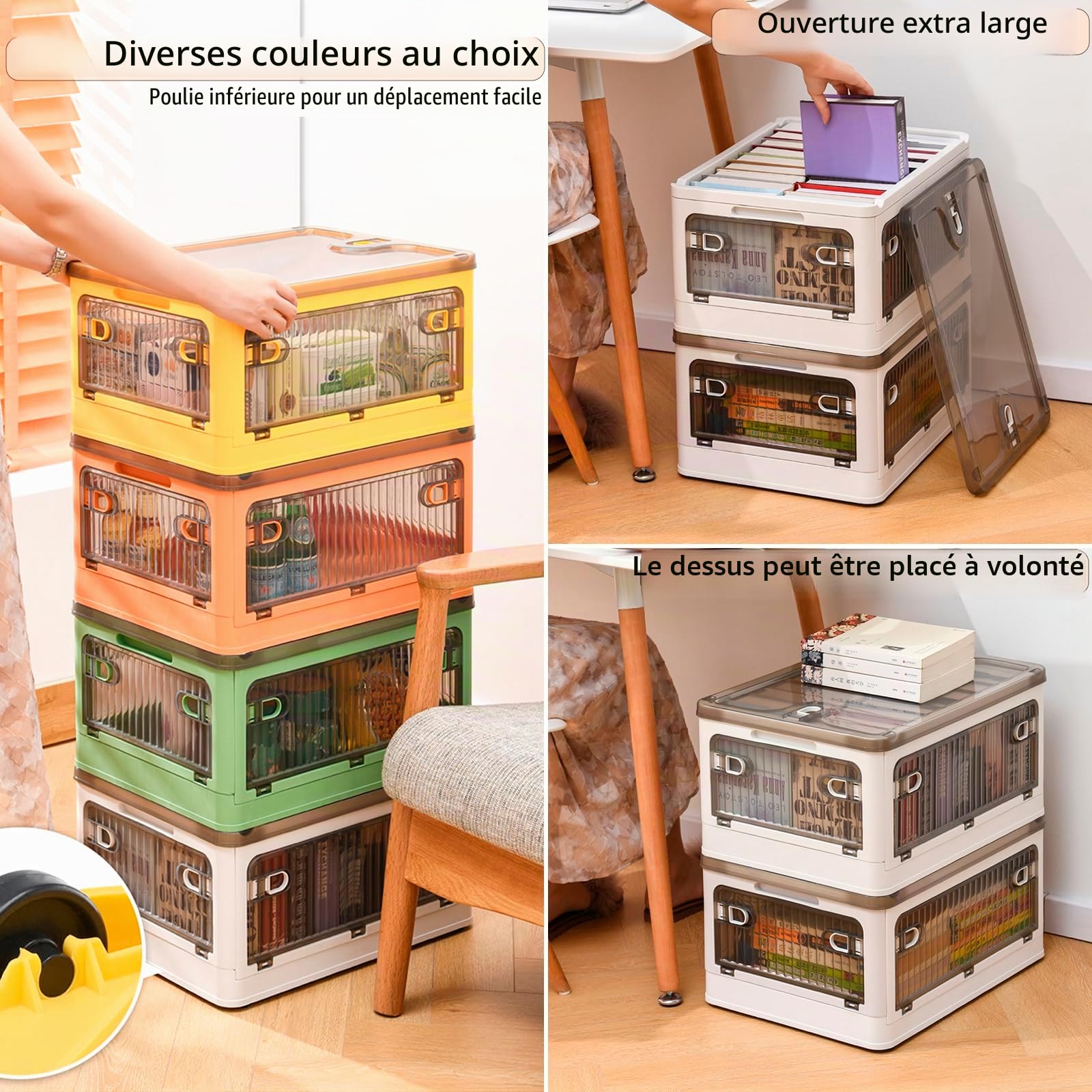 Creahaus Ensemble de 2 Boîtes de Rangement avec Couvercle, 28 Litres, Empilables avec Roues, Pliables 5 Portes, Organisateur de Jouets, Meuble de Rangement (Blanc)