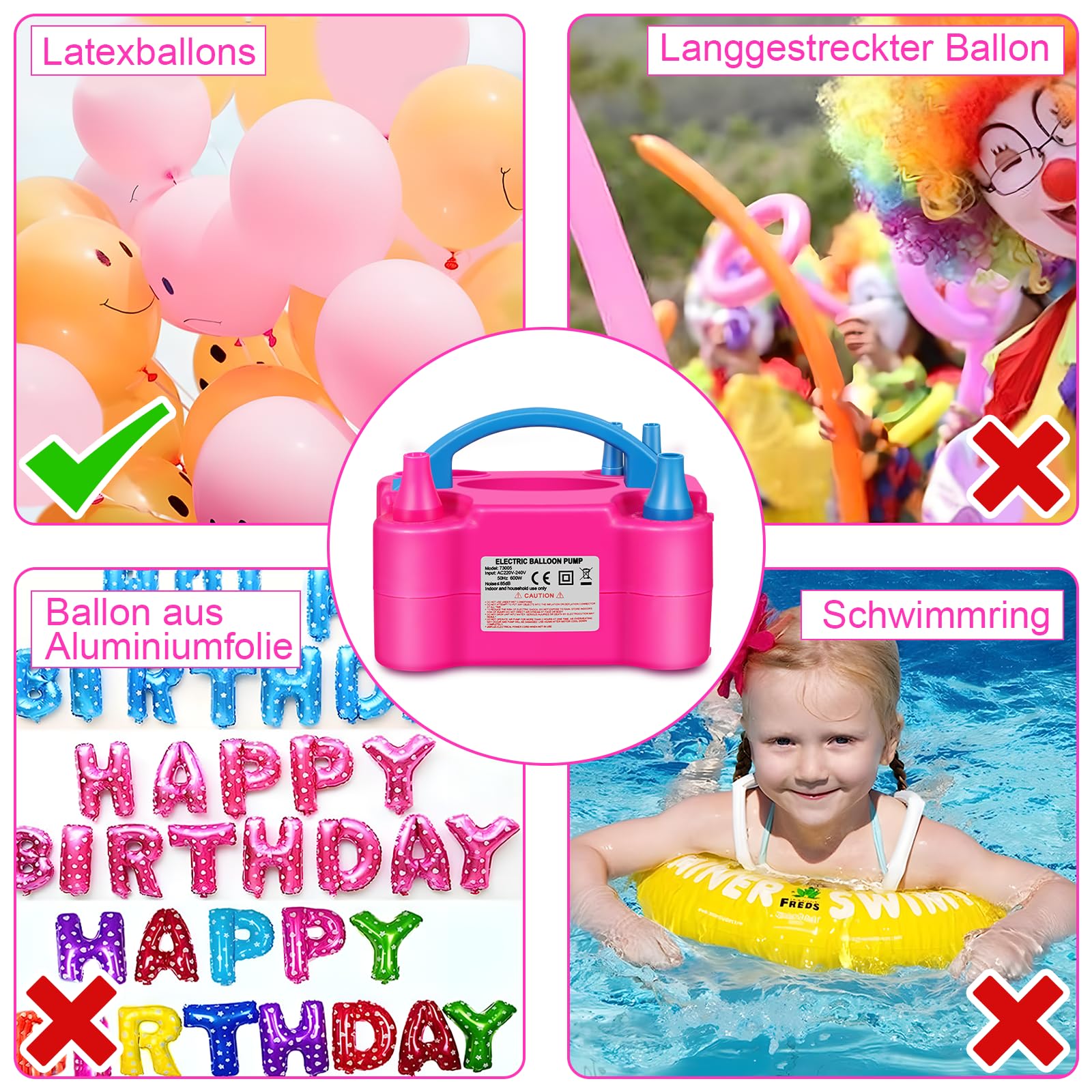 HELESIN Luftballonpumpe Elektrisch, 600W Ballonpumpe Elektrisch, Tragbar Balloon Pump mit 2 Inflationsmodi, Luftballon aufblasgerät für Geburtstag Deko, Party Deko, Weihnachten Deko