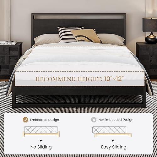 Miniatura 7 de SHA CERLIN Base de cama tamaño Queen con cabecera de madera, plataforma de soporte de listones de metal resistente, no necesita somier, negro