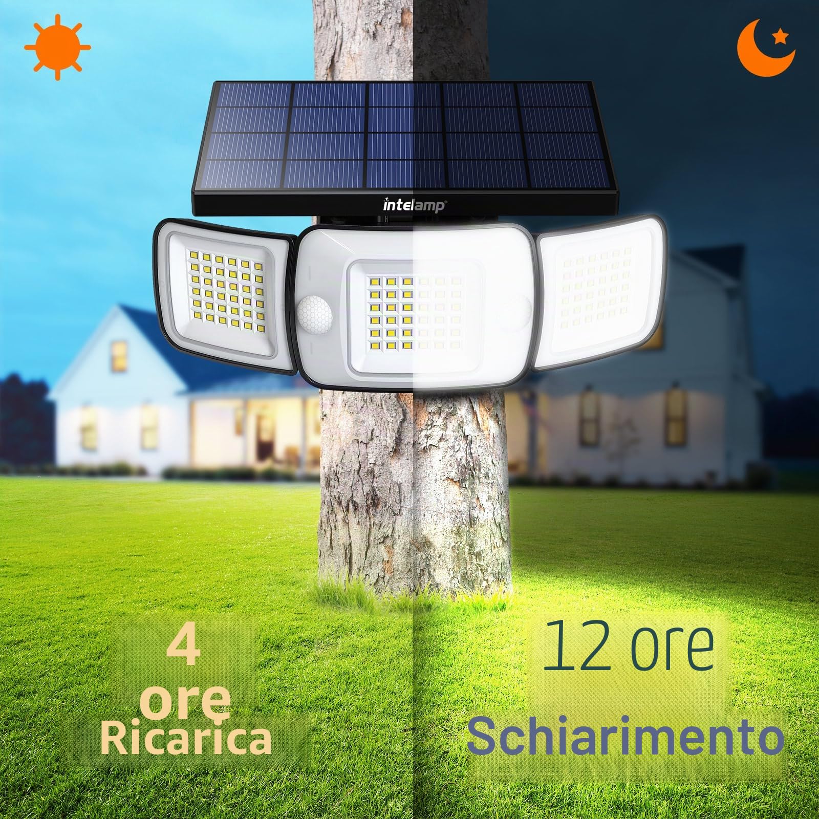 INTELAMP Lampade solari per esterni con sensore di movimento e telecomando, 6000mAh Lampade solari super luminose per esterni 4 modalità 270° copertura ad ampio angolo, impermeabile Lampada da parete