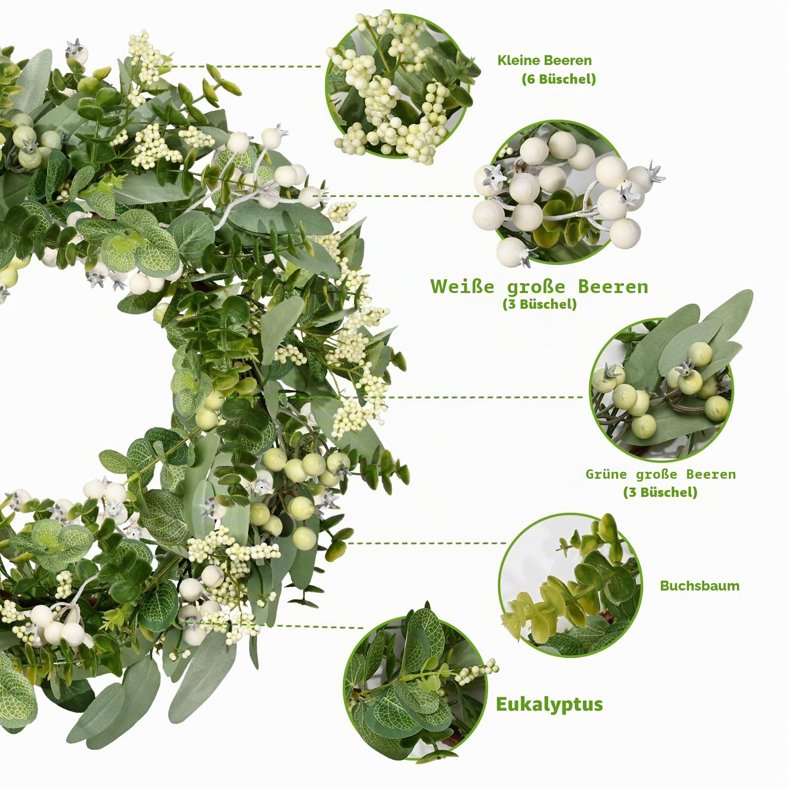 Eukalyptus-Kranz für die Haustür, 46 cm/18 Zoll grüner Frühlings-Sommer-Kranz, lebensechte künstliche kleine Türkranz-Dekoration für Bauernhaus (2er Pack)