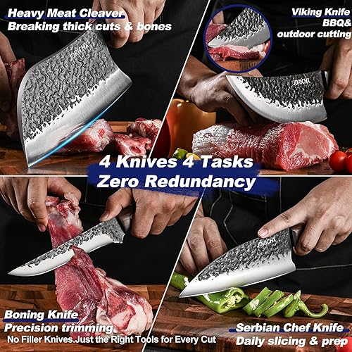 Miniatura 6 de Juego de Cuchillos de Carnicero, 4 PIEZAS Cuchillo de Chef Serbio Forjado a Mano de Alta Resistencia, Cuchillo de Carne, Cuchillo de Deshuesado,