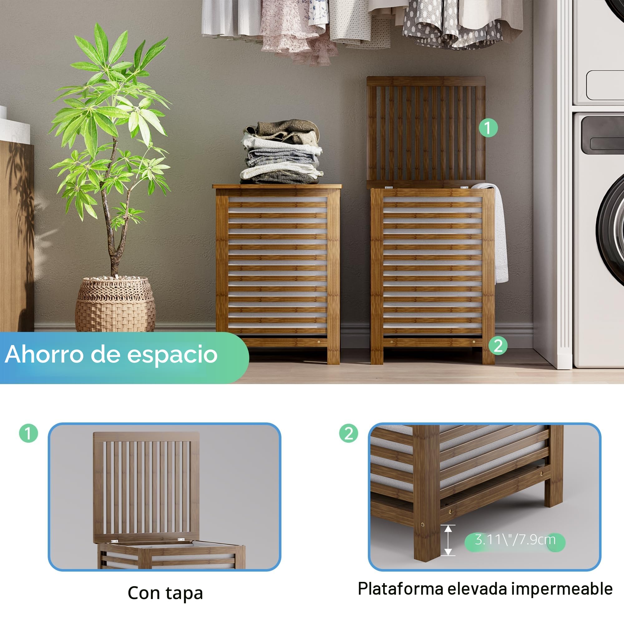 SMIBUY cesta de lavandería doble con tapa, cesta de lavandería de bambú de 120L con bolsa de revestimiento extraíble, clasificador de lavandería divisor de ropa de 2 secciones (Nuez)