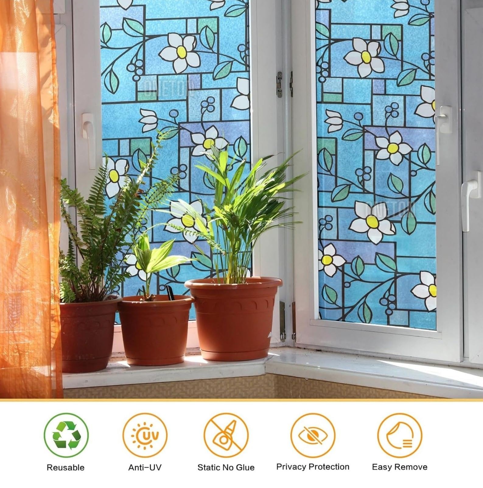 ONETON Frosted Glass Window Film Self Adheisve Decoartive Window Privacy Sheet Film UV Control Static Cling Removable Vinyl Frosted Privacy Film 12x48 Inch Blue Flower 4