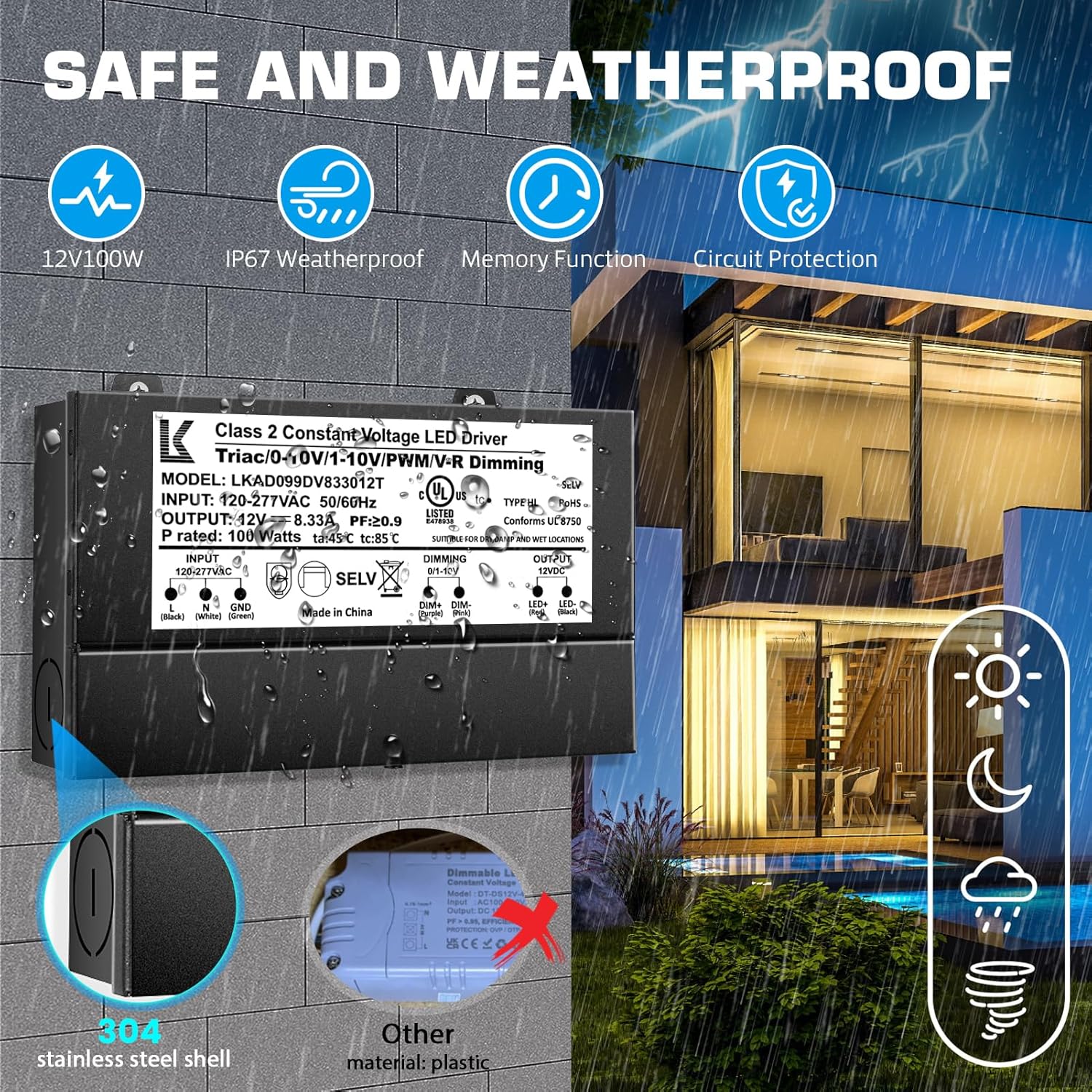 12V 100W Dimmable LED Driver, 5-in-1 Triac/ELV/MLV/0-10V/1-10V/PWM/V-R Dimming AC to DC Power Supply, IP67 Waterproof LED Transformer, UL Listed, Compatible with Lutron & Leviton Dimmer
