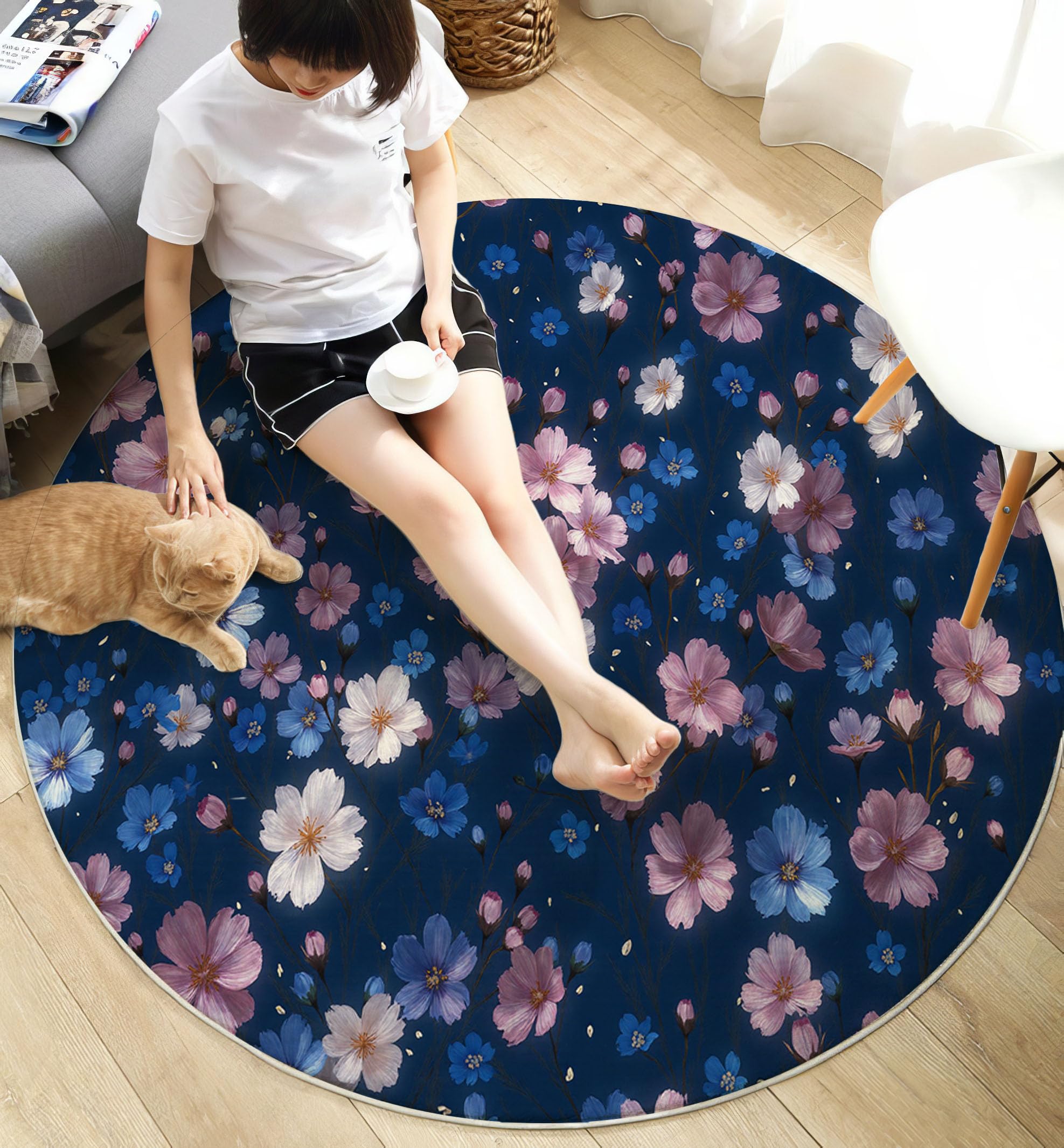 Tapis Rond Fleurs Printanières Romantiques Ciel Étoilé Végétal - Moquette Lavable Poils Courts Doux Antidérapant Pour Chambre À Coucher Salon Vestibule Entrée Chambre D'Enfant, Bleu Marine 100 Cm