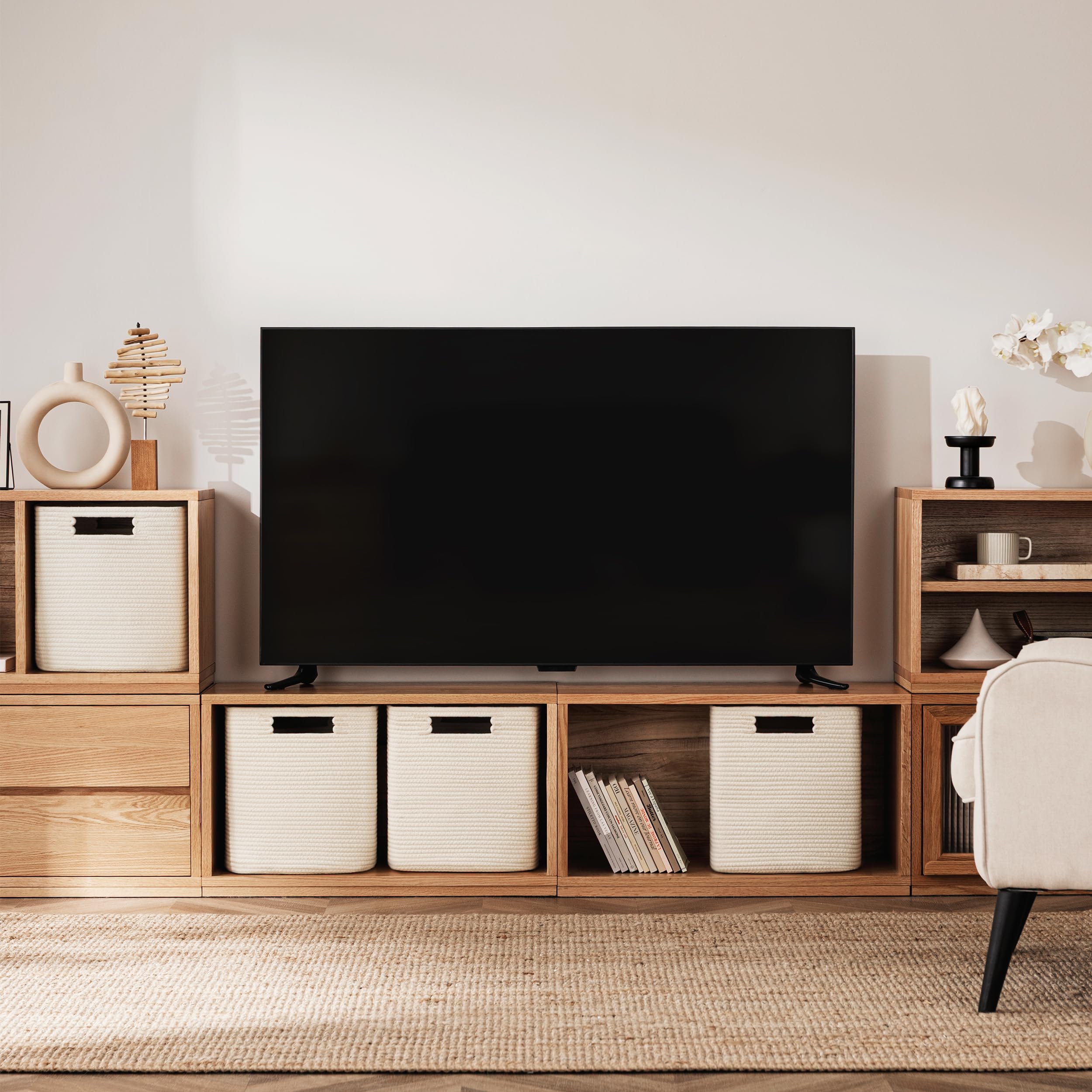 UBBCARE Zestaw 4 koszy do przechowywania – 11 x 25 x 25 cm, bawełniany kosz linowy na półki, zabawki, książki, kosze do przechowywania kostek z uchwytami, tkany kosz do przechowywania do organizacji,
