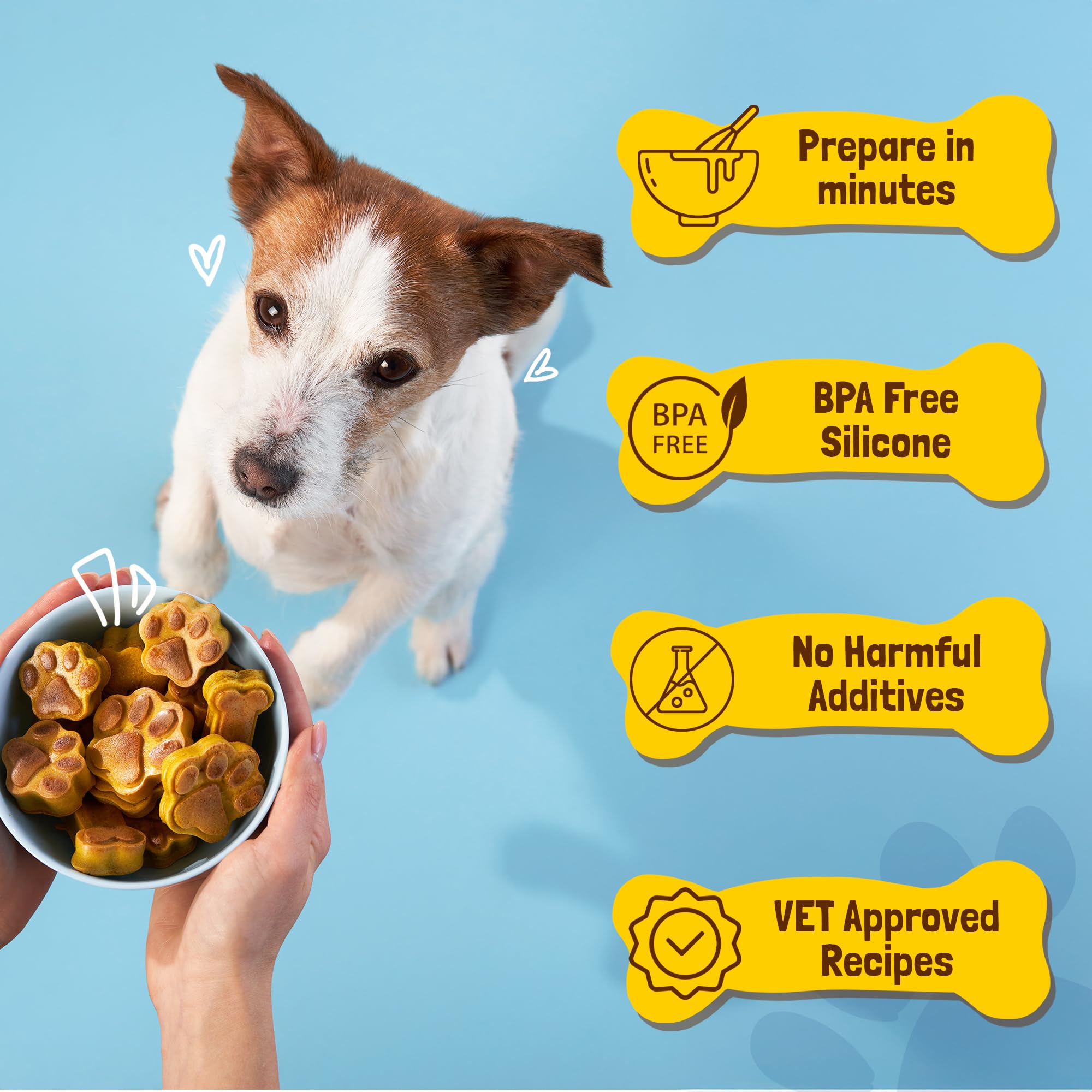 BoneItUp Juego de golosinas caseras para perros, moldes de silicona, cortadores de galletas con recetas saludables aprobadas por veterinarios, golosinas para cachorros con patas y huesos, bandejas de