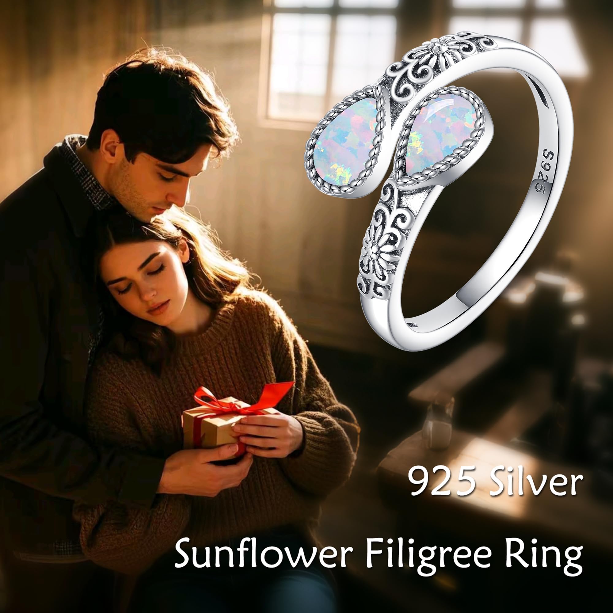 URONE 925er Sterlingsilber-Ringe mit weißem Opal für Damen Verstellbarer Sonnenblumen-Daumenring Vintage-Schmuck im Antiken Löffeldesign Geschenkidee