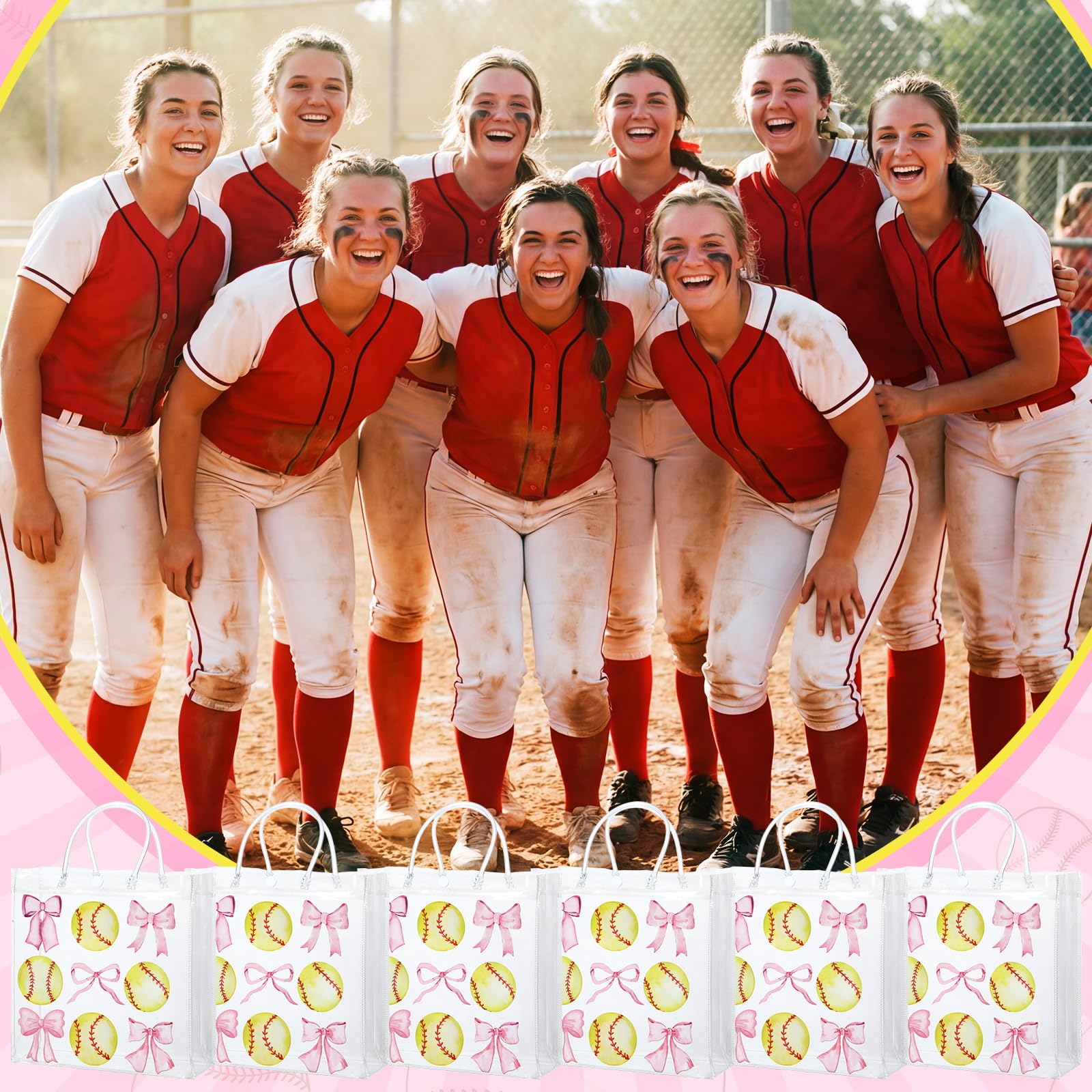 Tujoe 36 Pcs Softball Pink Bows Party Favors 40" x 12" Cooling Towel Portable Handheld Fan with Lanyards Clear Gift Bag with Handles and Stickers for Sport Team Gift, Battery Not Include