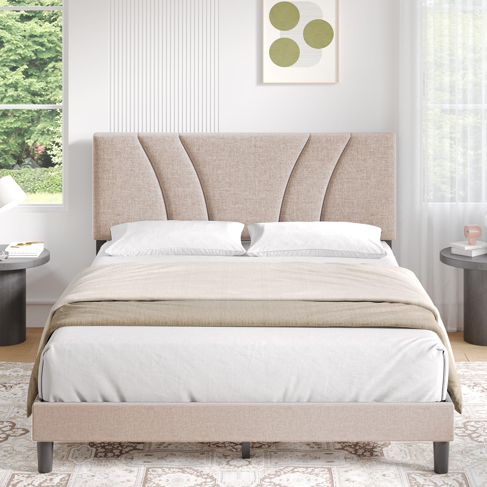 Novilla Telaio del Letto Matrimoniale 180x200 Rete Letto a Piattaforma Imbottito con Testiera Imbottita e Schienale, Supporto per Doghe in Legno, Facile da Montare, Beige