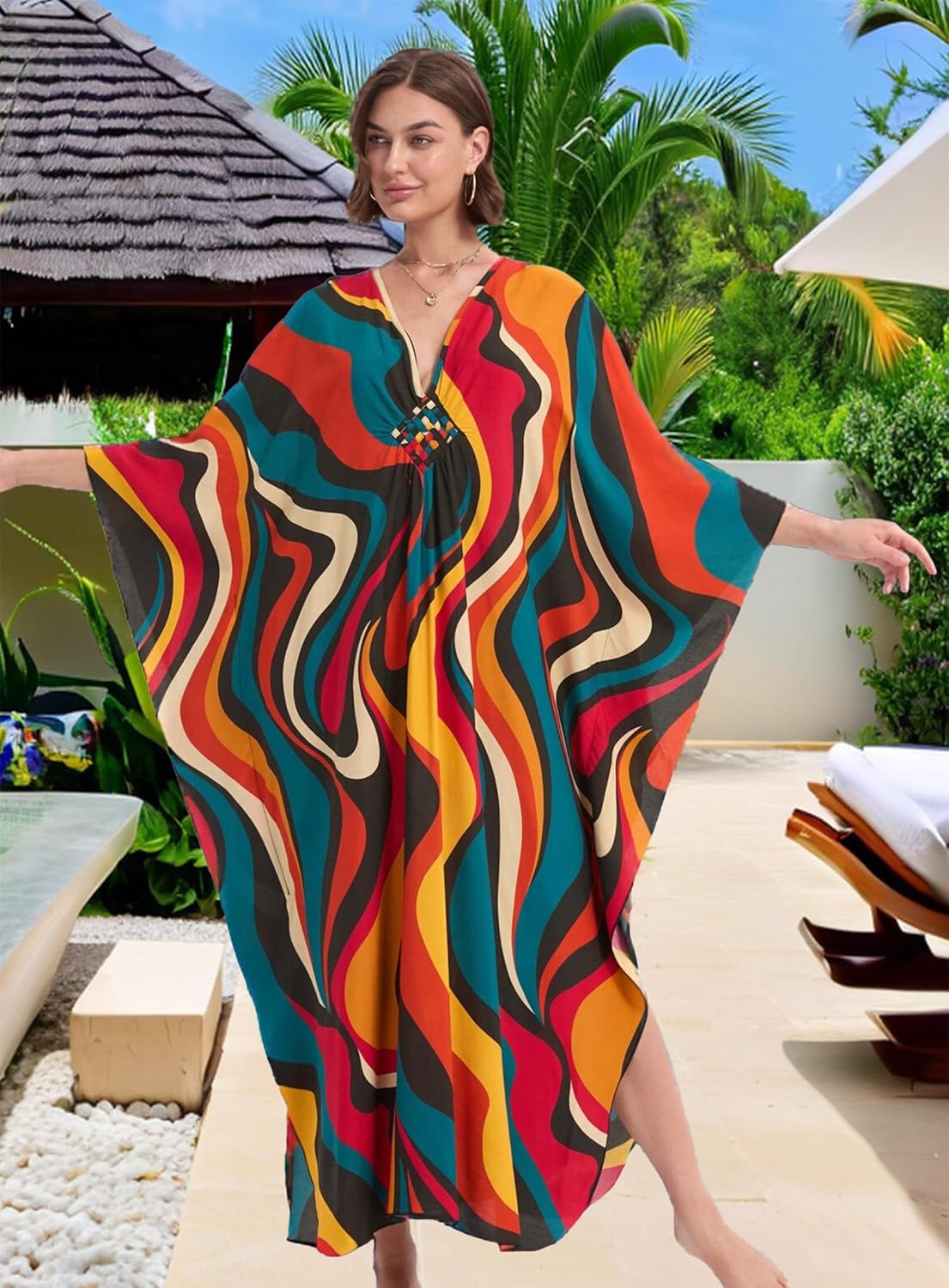 Kaftan Dresses for Women V-Neck Batwing Sleeves Swimsuit Beach Cover Ups Tie Dye Caftan Hawaiian Dress - Image 5
