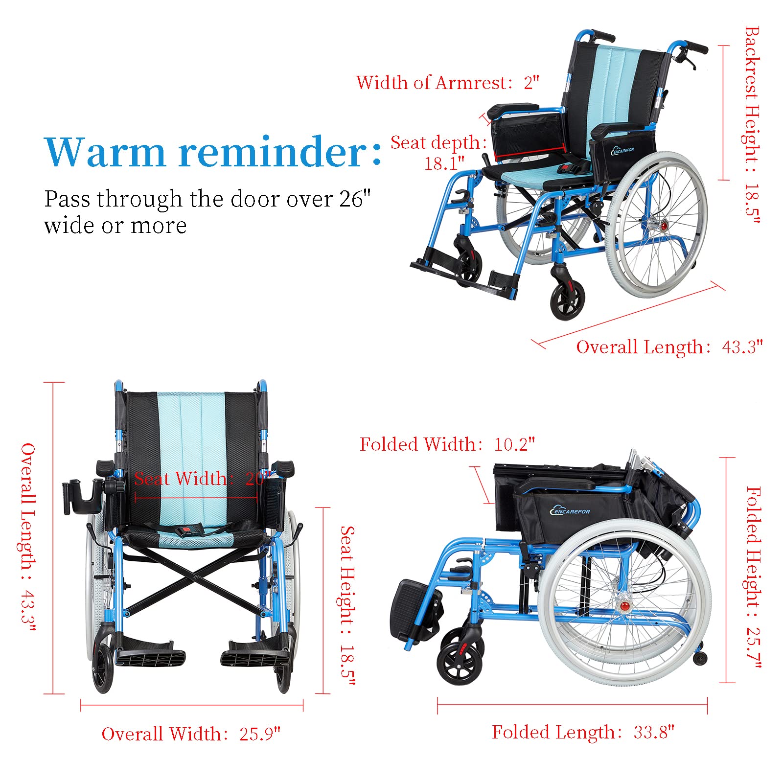 5,8kg fauteuil roulant léger pliant avec dossier ergonomique, assise 50cm, fauteuil roulant pour personnes âgées et handicapées, fauteuil roulant automoteur en magnésium bleu