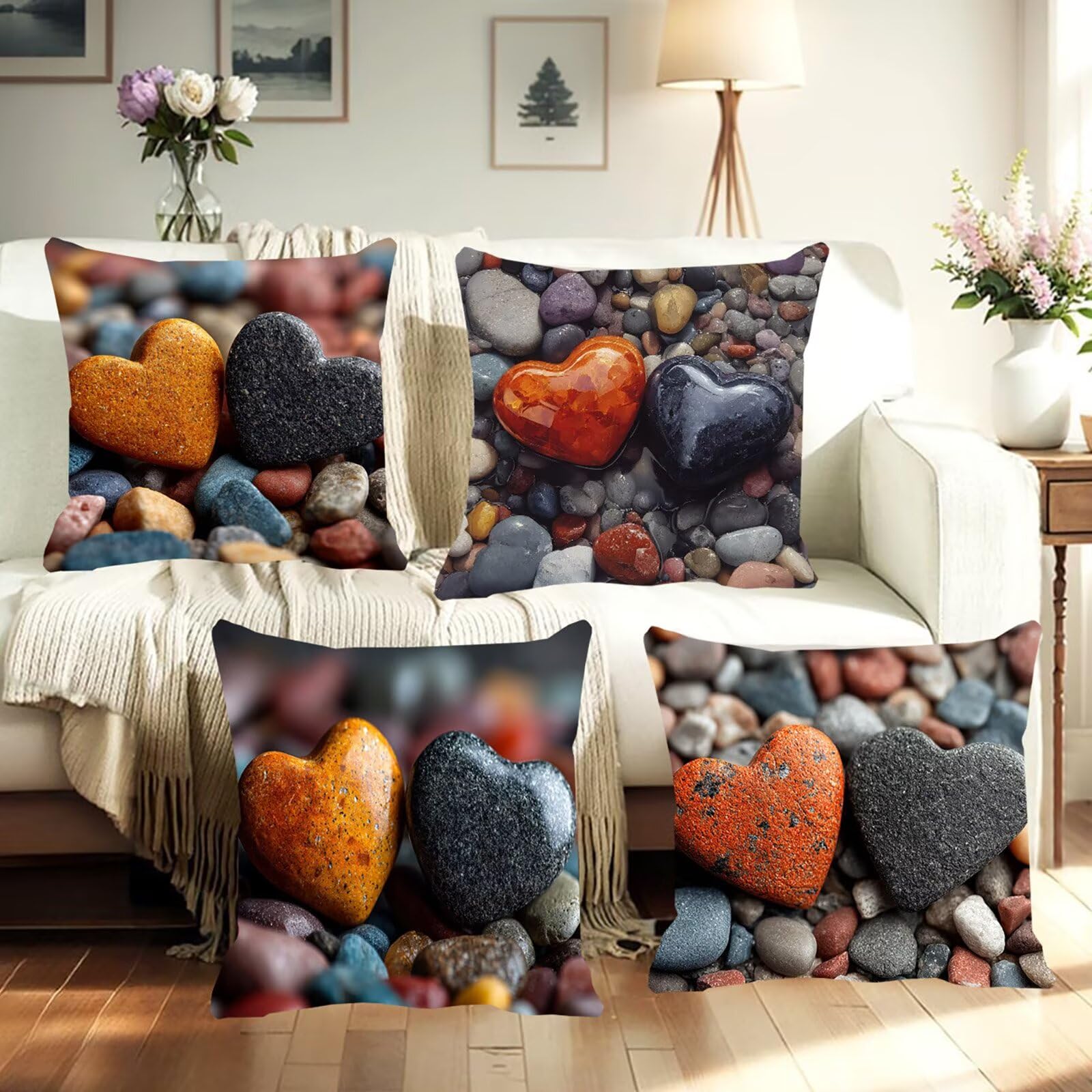 Kissenbezug 55x55 4er Set Samt Kissenhülle Dekorative Sofakissen Quadratische Dekokissen Zierkissenbezug Steine Kissenbezüge mit Verstecktem Reißverschluss für Wohnzimmer Sofa Liebe F0P-611