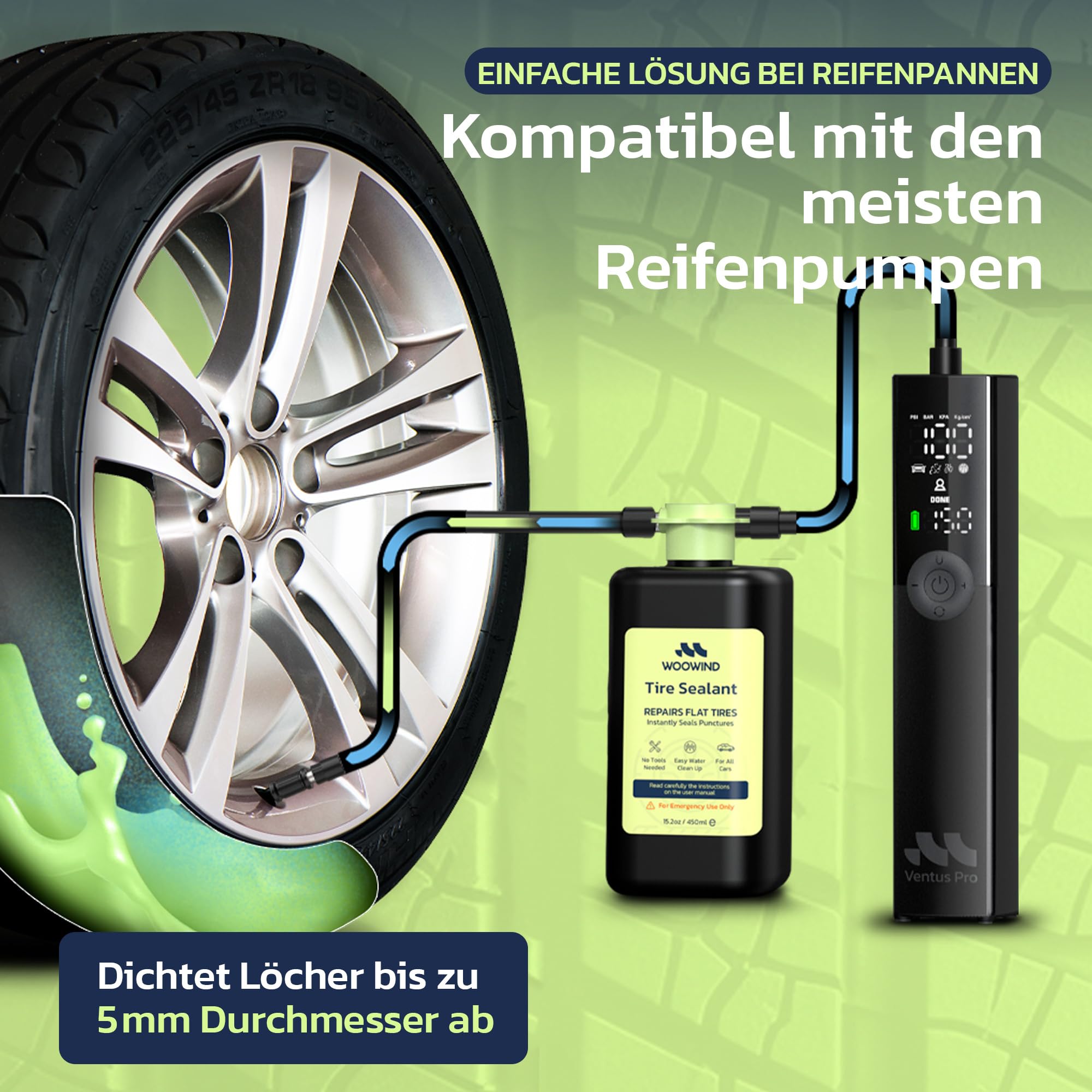 Woowind Tire Sealant Pro Reifendichtmittel, Sofort-Reparaturset für Platte Reifen (450 ml) – Dichtet Sofort Reifenpannen bis zu 5 mm für Autos/LKW/SUVs ab, TPMS-sicher, Wetterfest