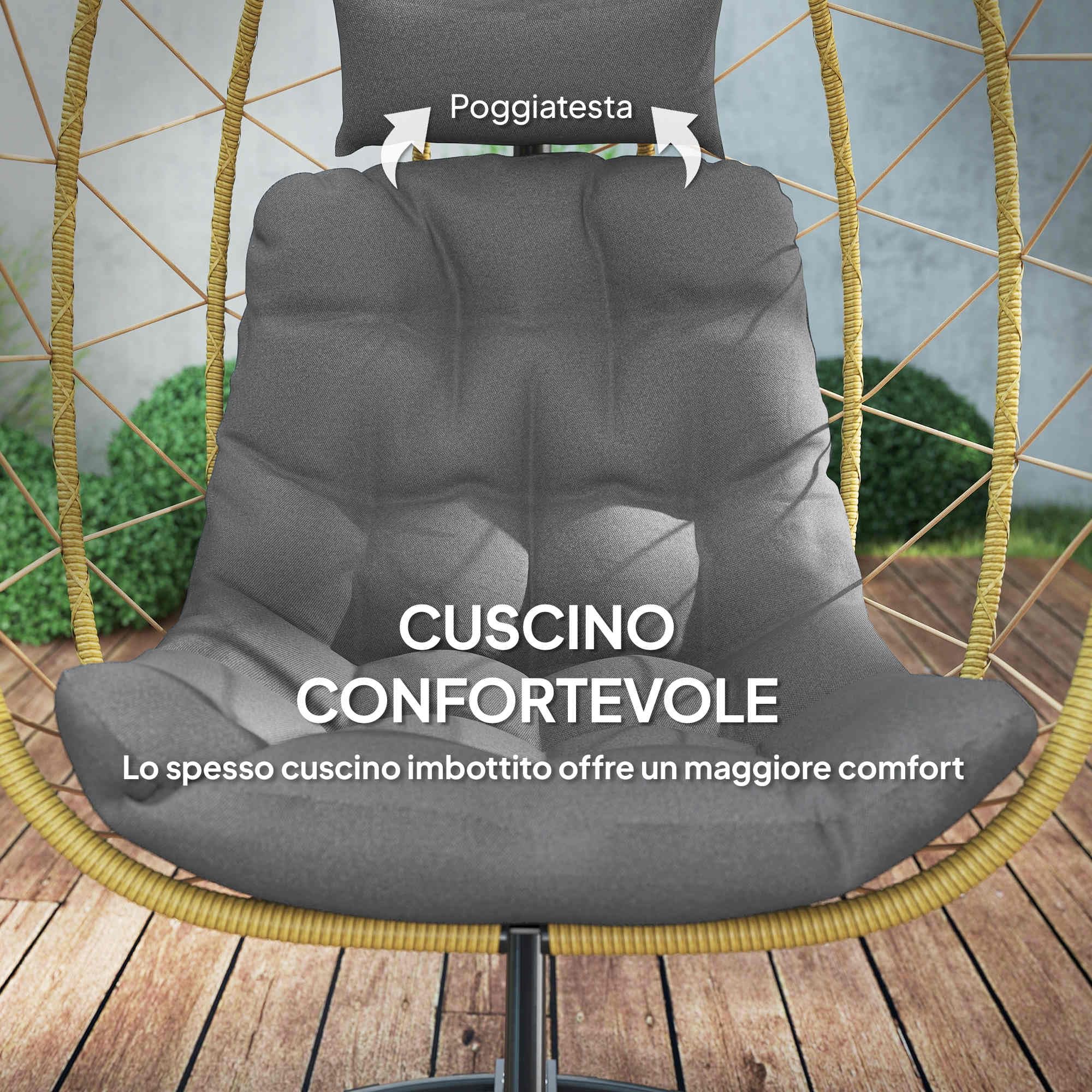 Outsunny Poltrona Sospesa 150kg Max 102x102x195 cm Nera Grigia e Beige | Cesto Pieghevole e Cuscini, Poltrona Sospesa da Giardino, Acciaio e Rattan PE
