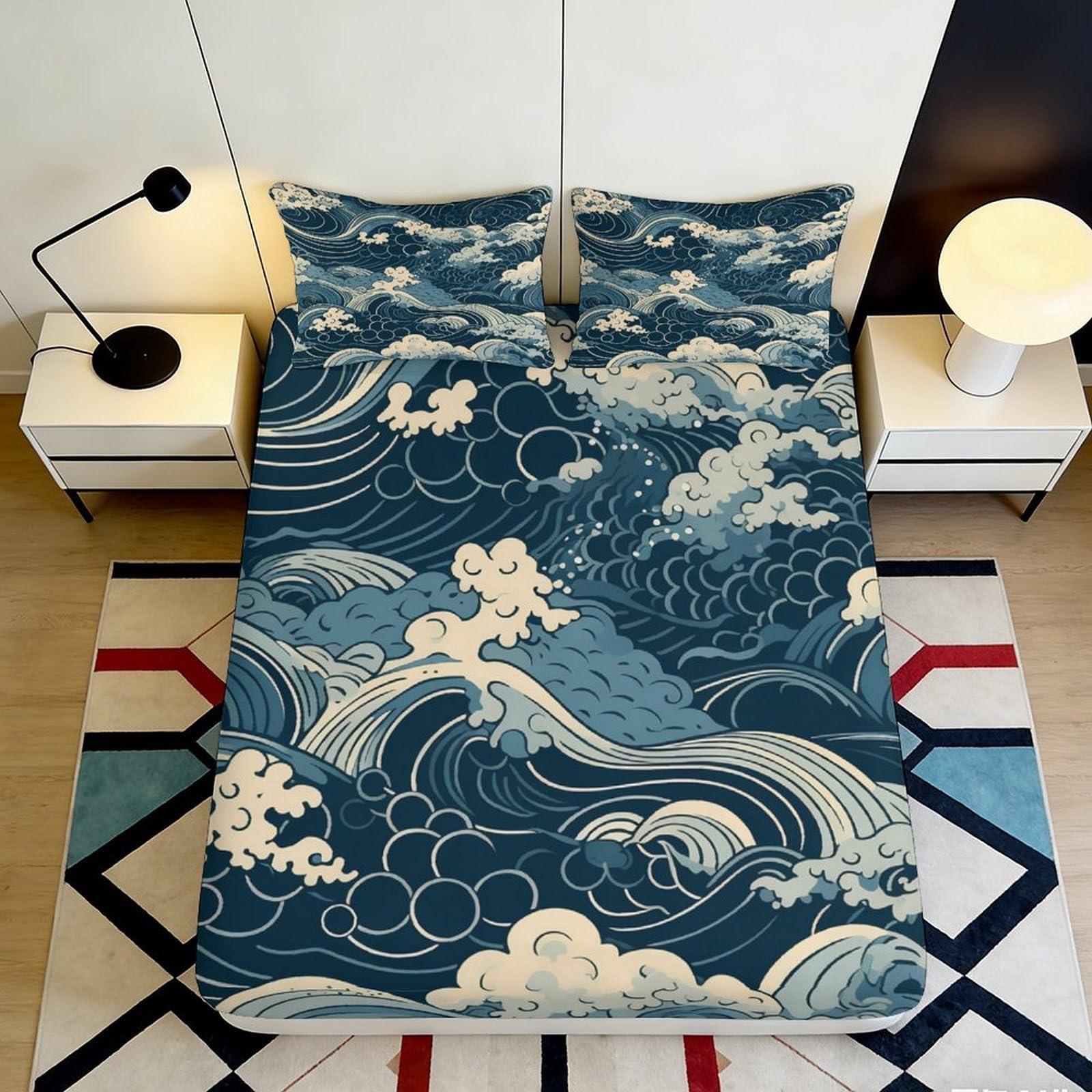 3D Printed Ocean Wave Fitted Sheet Microfiber Soft Durable Sea Pattern Bed Cover for Bedroom Dormitory Guest Room Mattress Protection and Decor 160x200x25cm