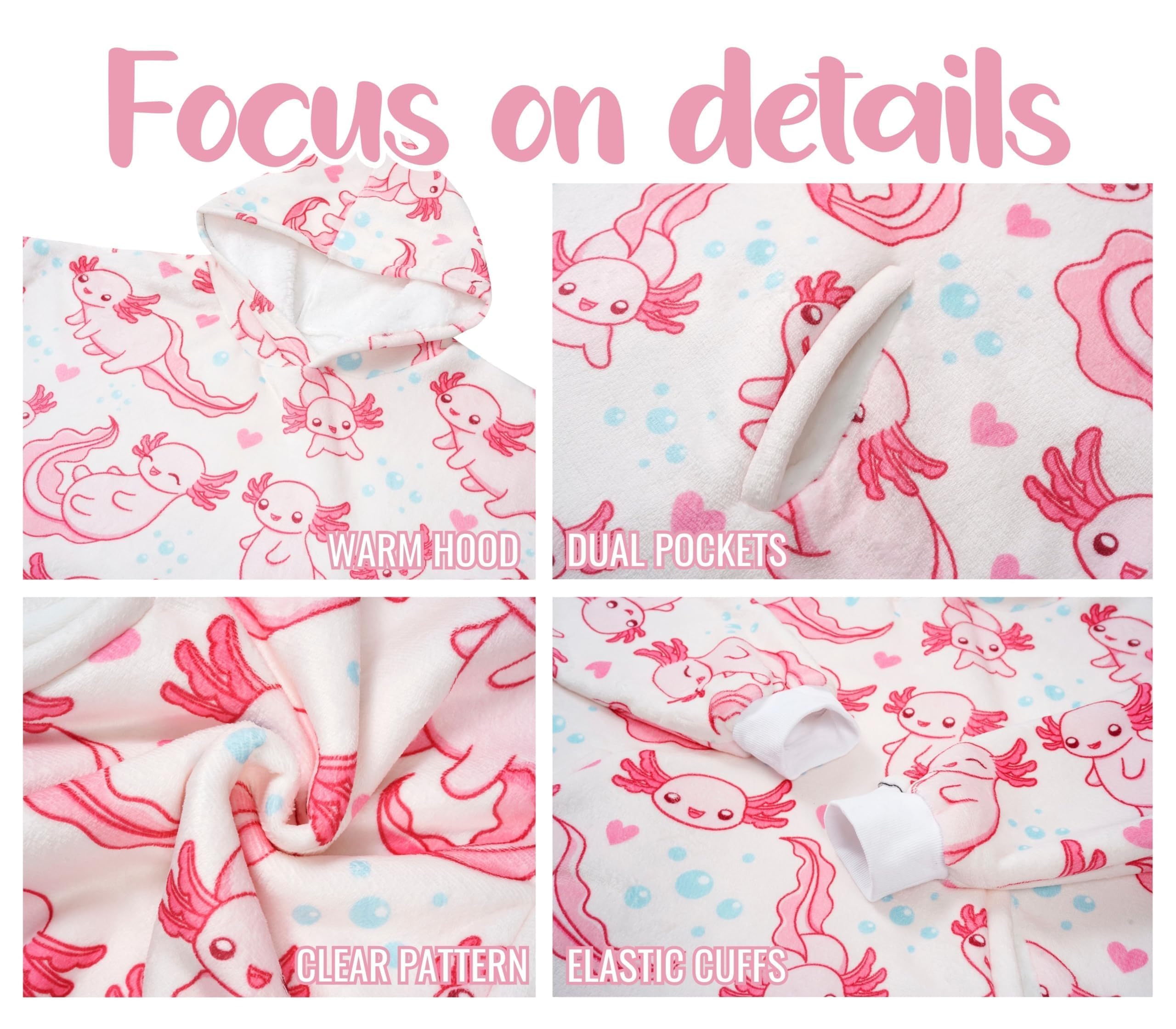 Huglanket Axolotl Gifts for Girls, Oversized Wearable Blanket Hoodies for Kids, Gifts for Birthday, Christmas, and so on