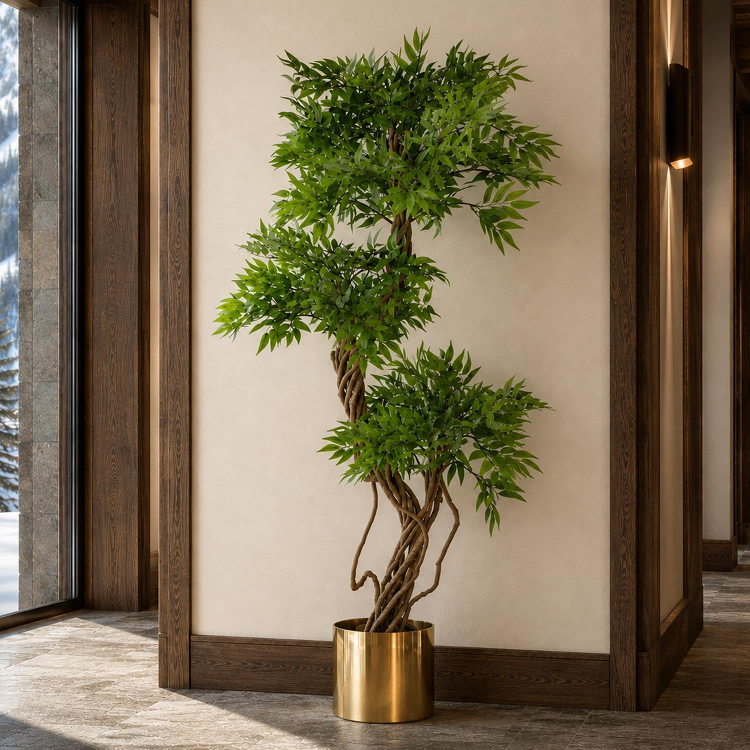 Hoja 140 cm Realista Artificial japonés Fruticosa Ficus árbol, Verde y Negro