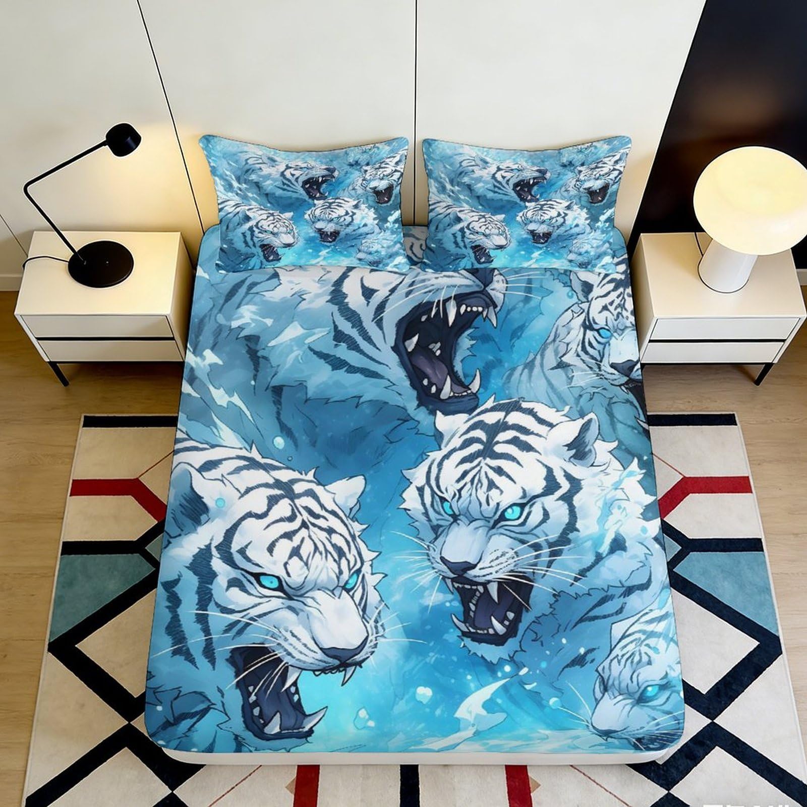 Pnayamiorkfel Style-6 3D Printed Blue Roaring Tiger Fitted Sheet Microfiber Bed Cover For Bedroom Guest Room Mattress Protection Decor 90X200x25cm