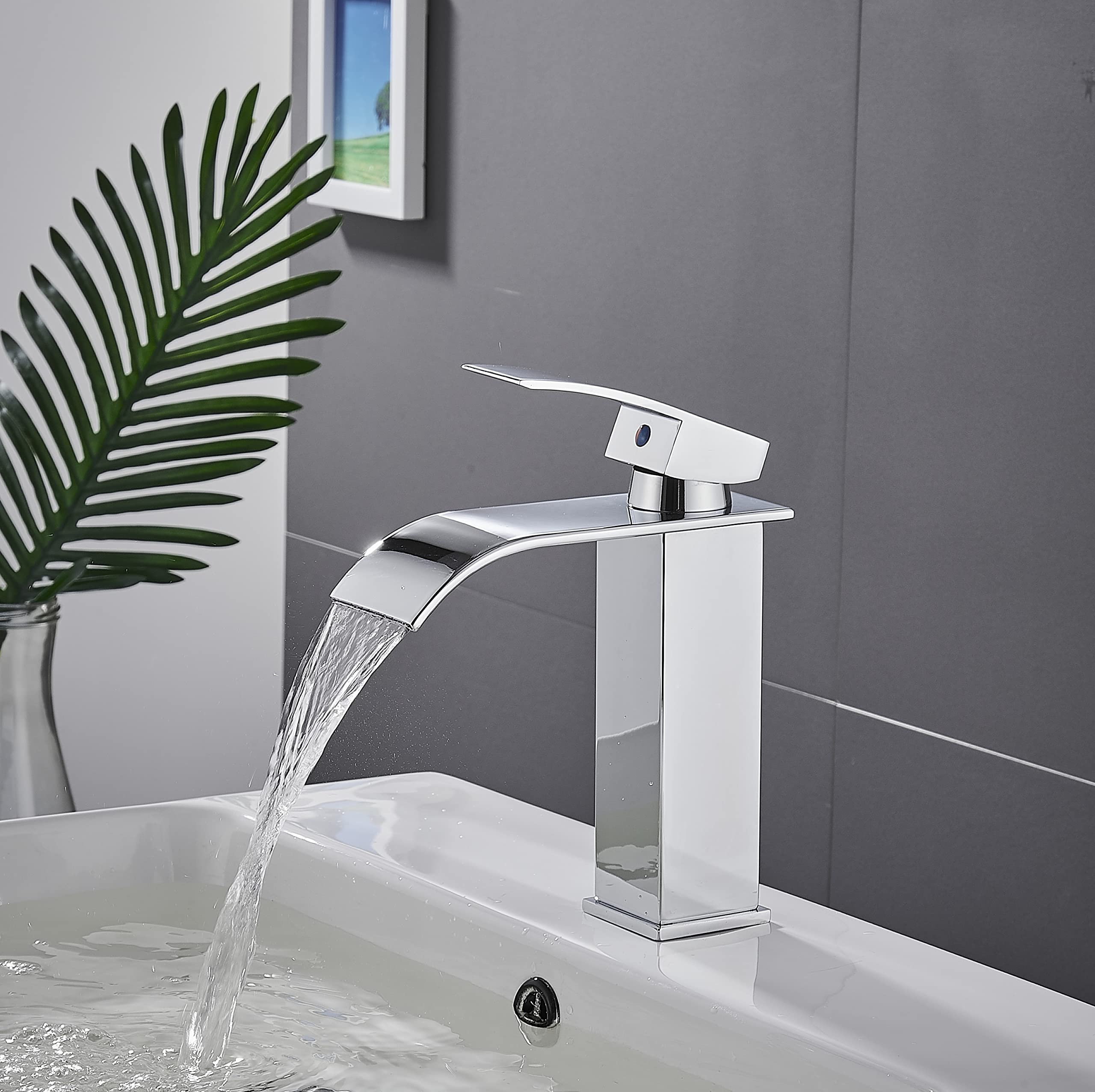XIUWOO Waterfall Basin Sink Mixer Tap Bathroom Lever Single Handle Chrome Leadless Brass Faucet