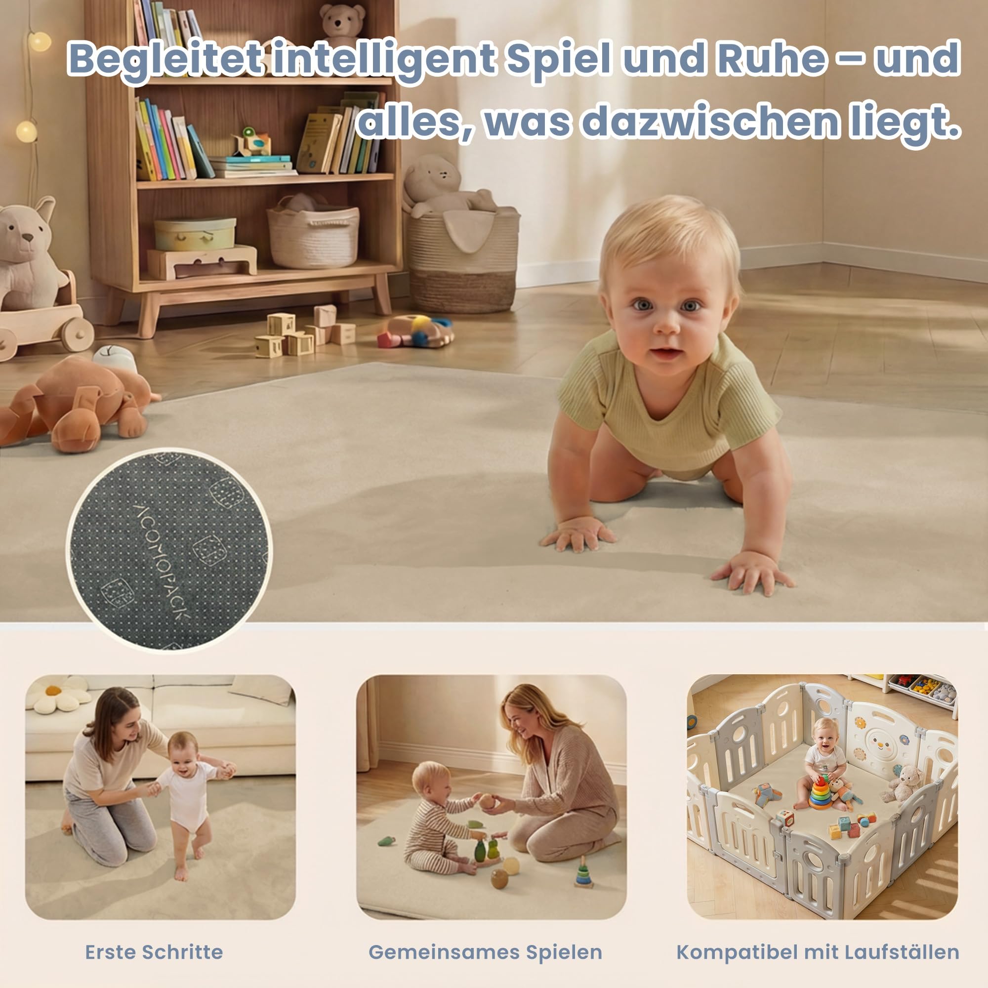 ACOMOPACK Baby Spielmatte, 3cm dick großer rutschfester Kinderteppich,Memory-Schaumstoff samtweiche Krabbelmatte für Bauchlage (Khaki, 150 x 180 cm)