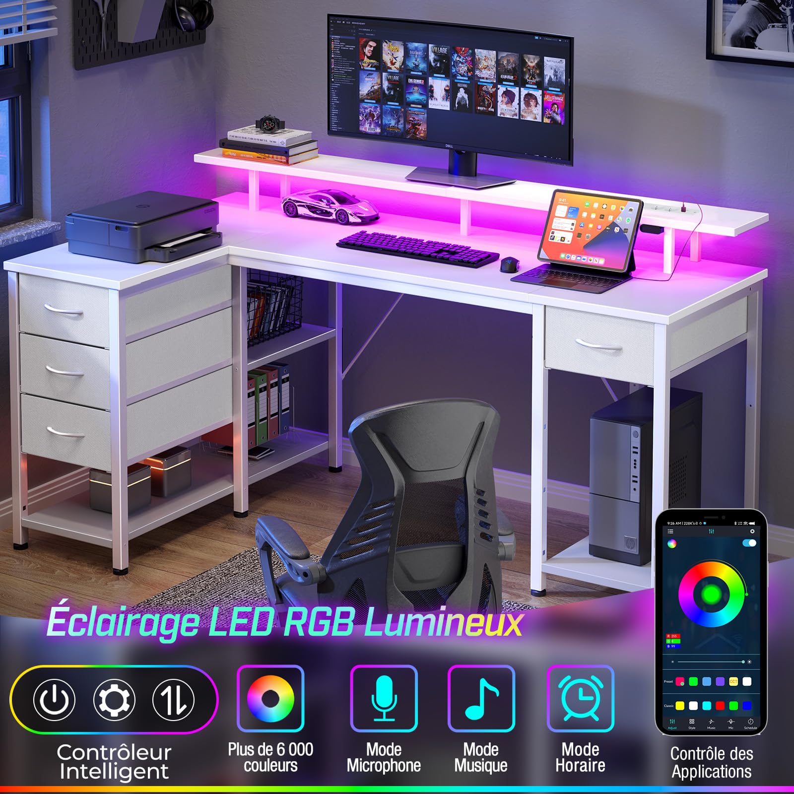 Seventable Bureau d’Angle en L 140 cm avec LED, Ports USB et Prise, tiroirs modulables et Support écran – Bureau Informatique Moderne avec rangements, Blanc