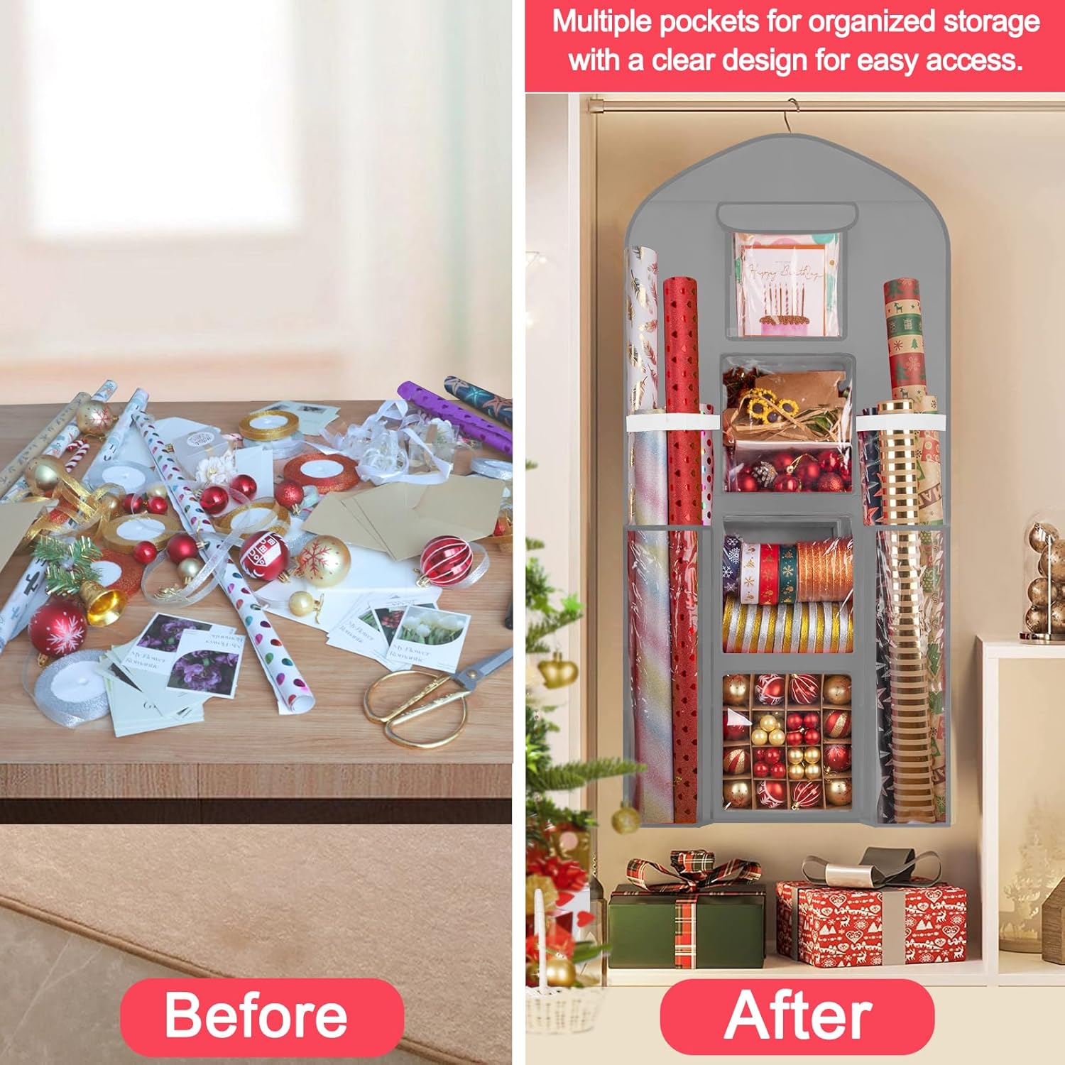 Woodoulogy Hanging Gift Wrapping Paper Storage, 48x24 (Extra Large) Grey Double-Sided Christmas Wrapper Bag Container, Oxford Long Craft Roll Organizer, Present Wrap Holder for Closet, Door