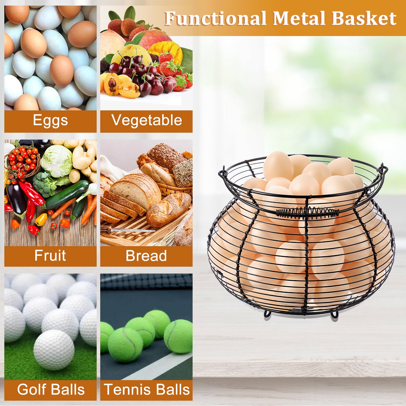 1 cesta de huevos de alambre negro, cesta de metal para recoger huevos frescos, cesta de pollo para decoración de cocina