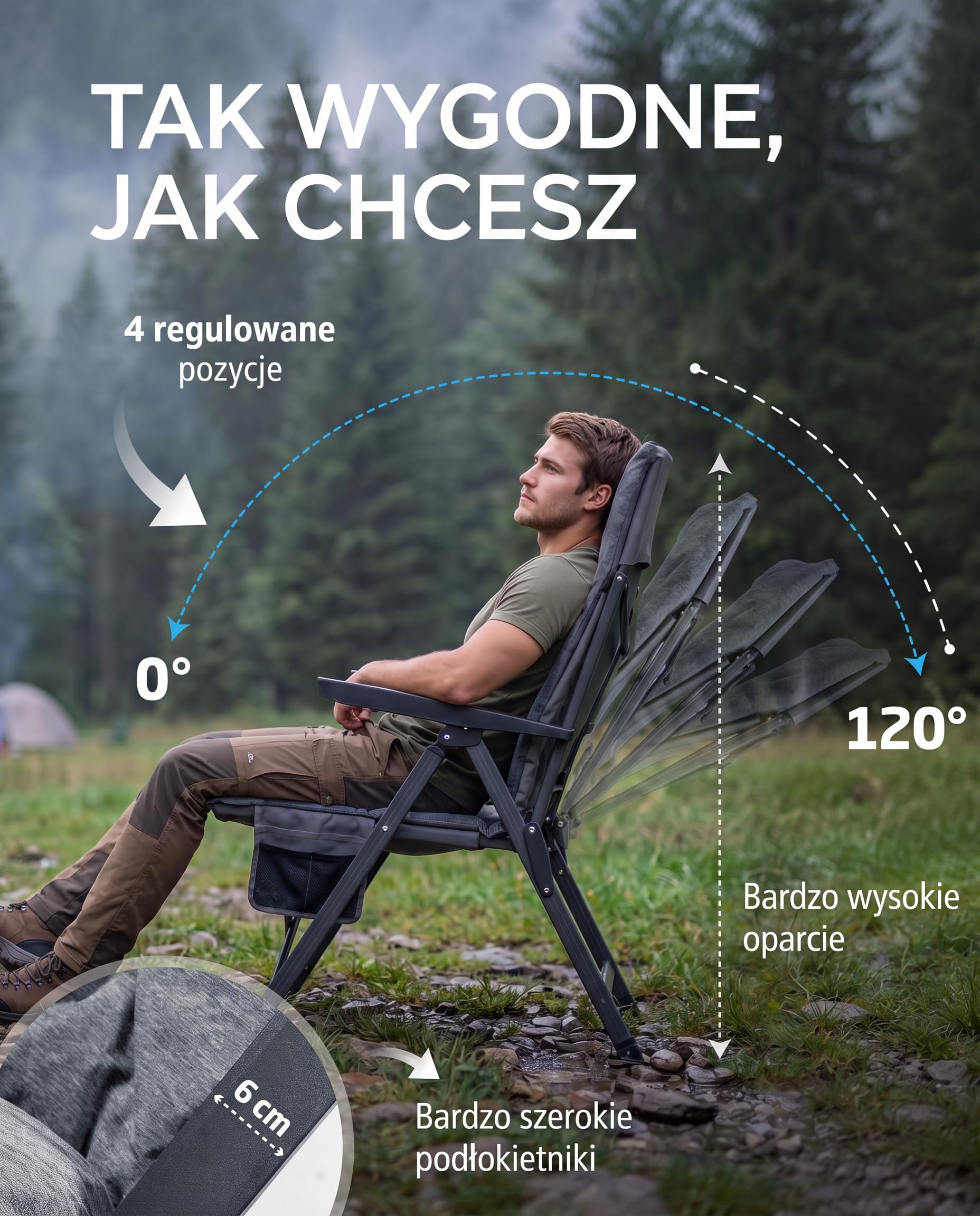 NORDMUT® Premium składane krzesło campingowe z wysokim oparciem – regulowane w 4 pozycjach – Wygodne krzesło ogrodowe o nośności 140 kg do camping i outdoor (Popielaty 1x)