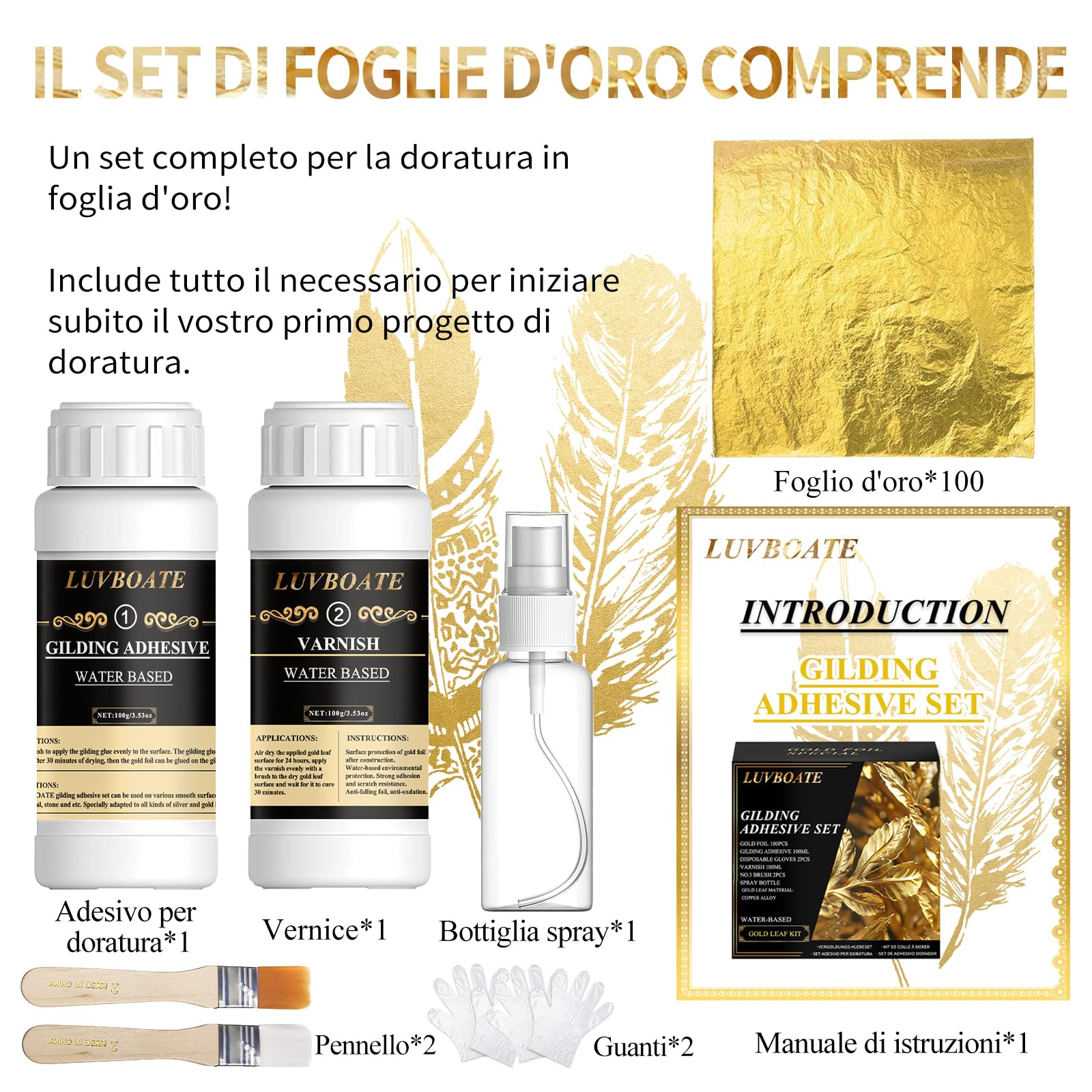 Set di fogli d'oro adesivi, LUVBOATE Set di fogli d'oro, 100ml di adesivo per doratura a base acquosa e 100ml di vernice protettiva, 100 fogli d'oro per arte, pittura, arredamento e decorazione
