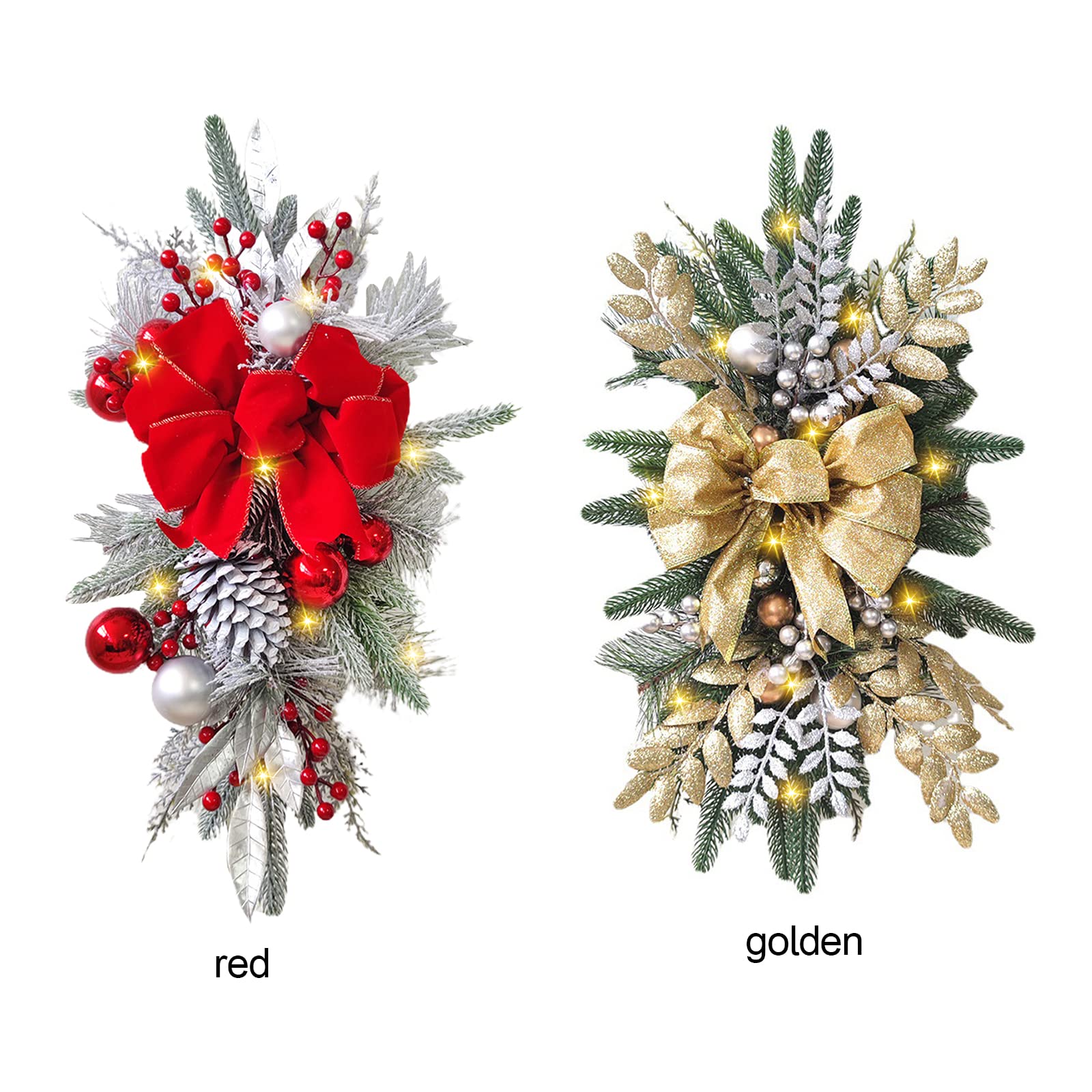 Decoraciones Navideñas para Escaleras, Guirnalda Iluminada para Escalera con Luces de Cadena, Guirnalda Navideña Iluminada Artificial de Bayas para Pared (Dorada), 60x35cm/13.8x23.6 pulgadas