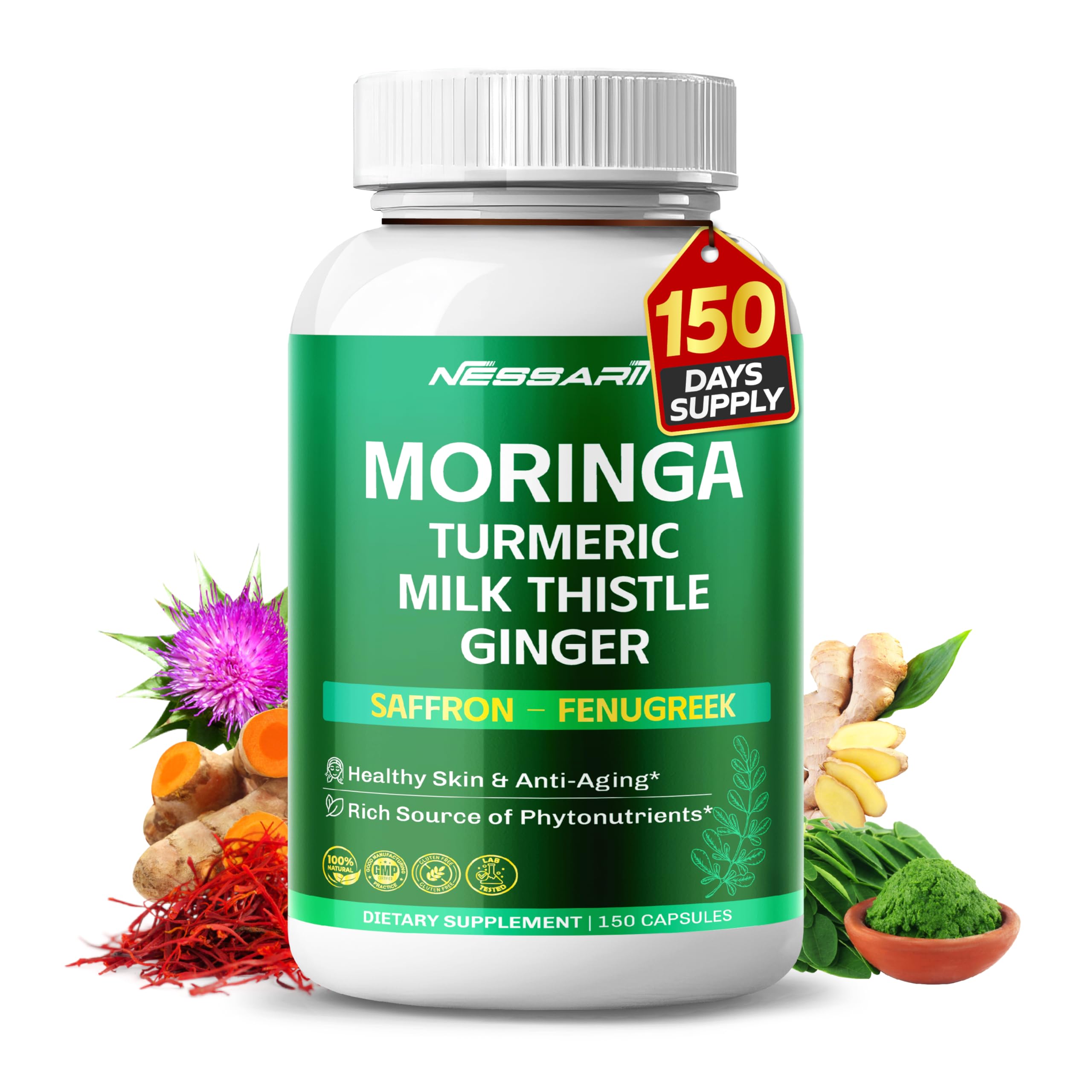 NESSARIT Moringa Supplement - 10-in-1 Natural Blend with Turmeric Milk Thistle Ginger Saffron Fenugreek Holy Basil Ceylon Cinnamon - 150 Count