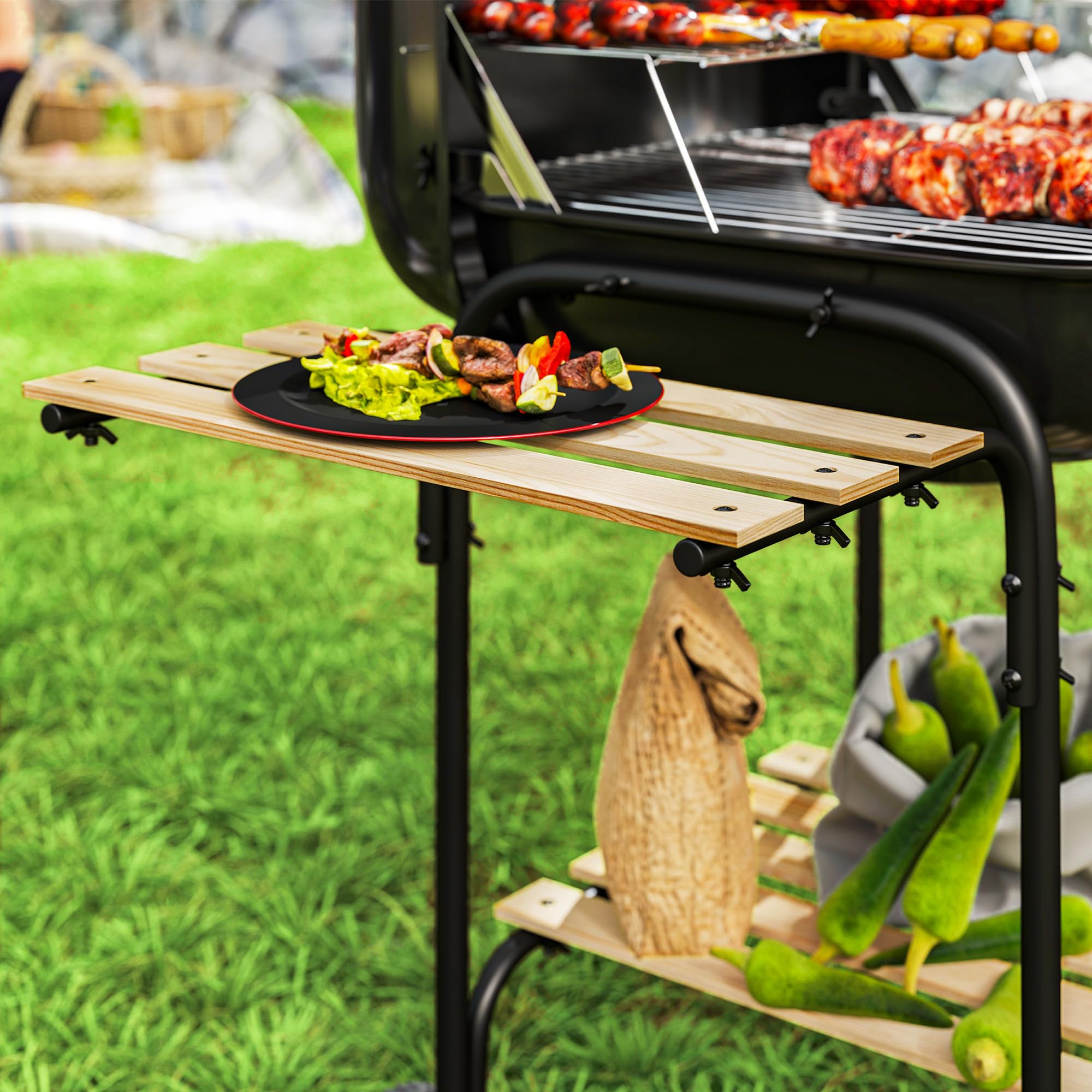 Outsunny Grill węglowy ze stali, przenośny grill z zamykaną pokrywą, rusztem, kółkami i drewnianymi półkami, grill ogrodowy BBQ, 98 x 54 x 91 cm, czarny