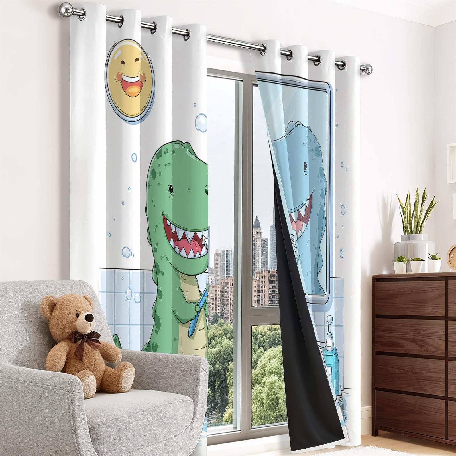 Rideaux Occultants en Bleu avec Amusant Dinosaure Bain, 70 L x 200 H cm Isolant Thermique à Œillets Qui Protège du Froid, Habillage de Fenêtre Design pour Chambre Salon, Bureau