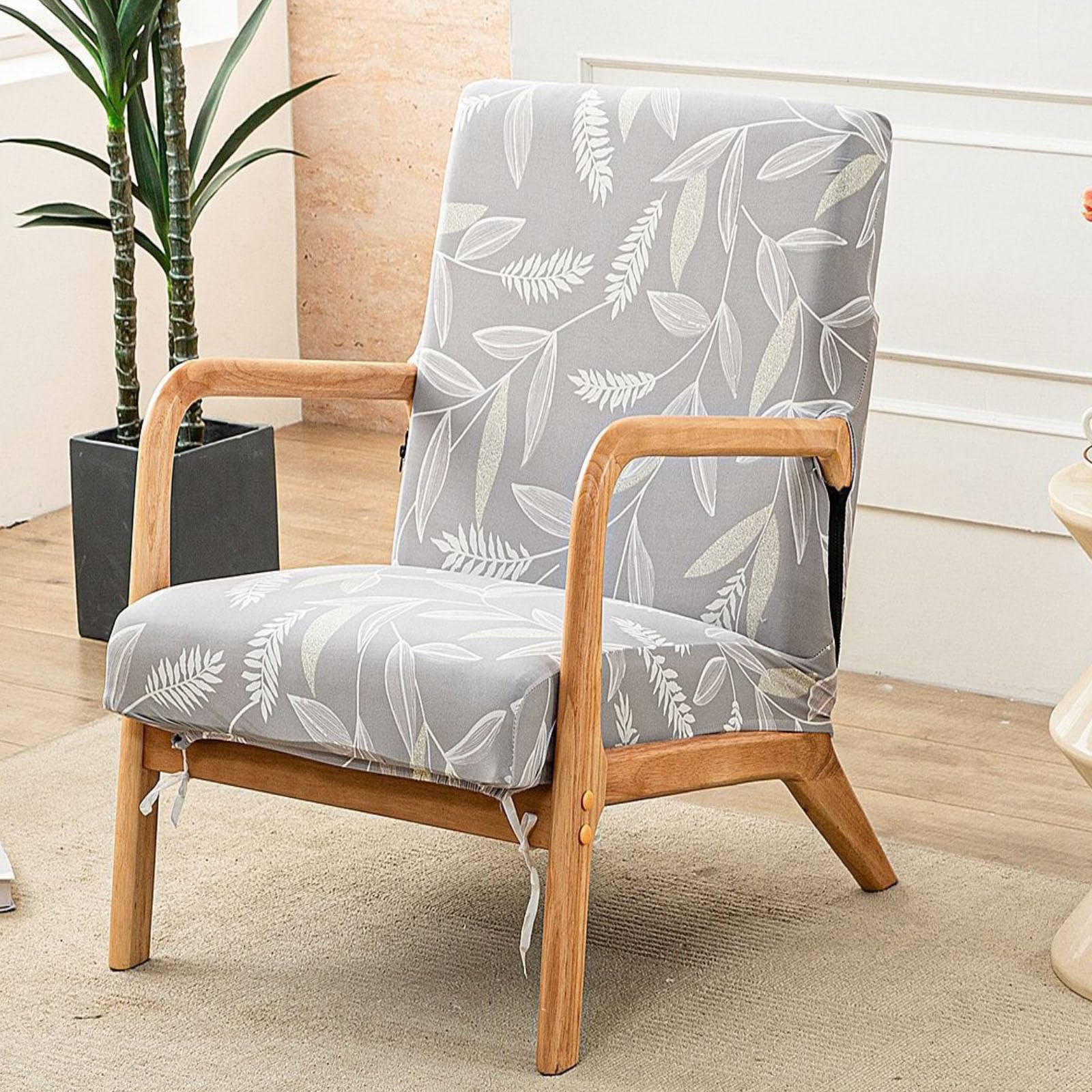 FANSU Stretch Arm Chair Covers for Mid Century Modern Upholstered Protector, 1 Seater Accent Chair Cover with Zipper Wooden Armchair Slipcover Elastic Furniture Protector, Nordic Plants (Elegant)