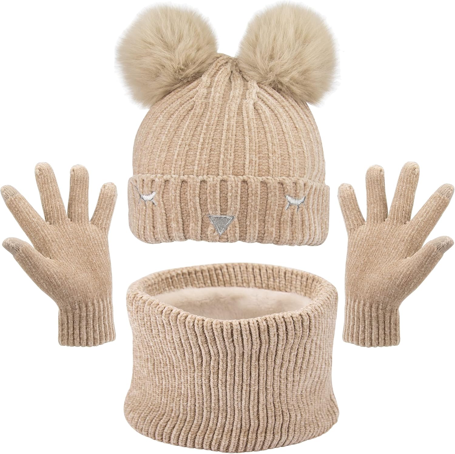 MAYLISACC 3 Pack Kids Hat Scarf Gloves Sets Winter Warm Pom Beanie Hat Fleece Lined Neck Warmer for Girls Boys 2-10