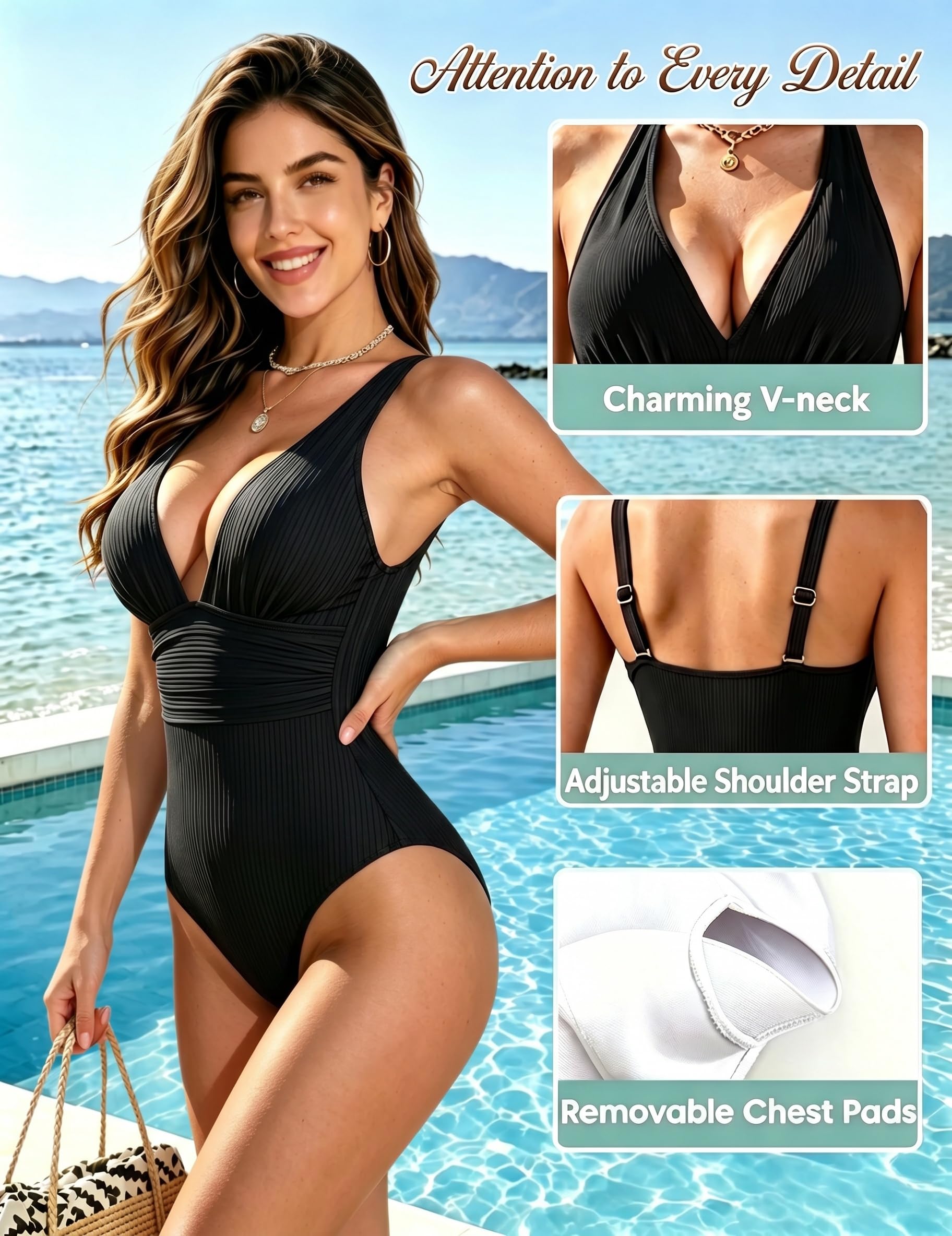 Maillot de Bain Femme 1 Pièces Gainant Contrôle Ventre Plat Col V Maillots de Bain Une pièce Push Up Rembourré Slim Elegant Swimsuit Taille Haute Beachwear Bretelles Réglables Séchage Rapide