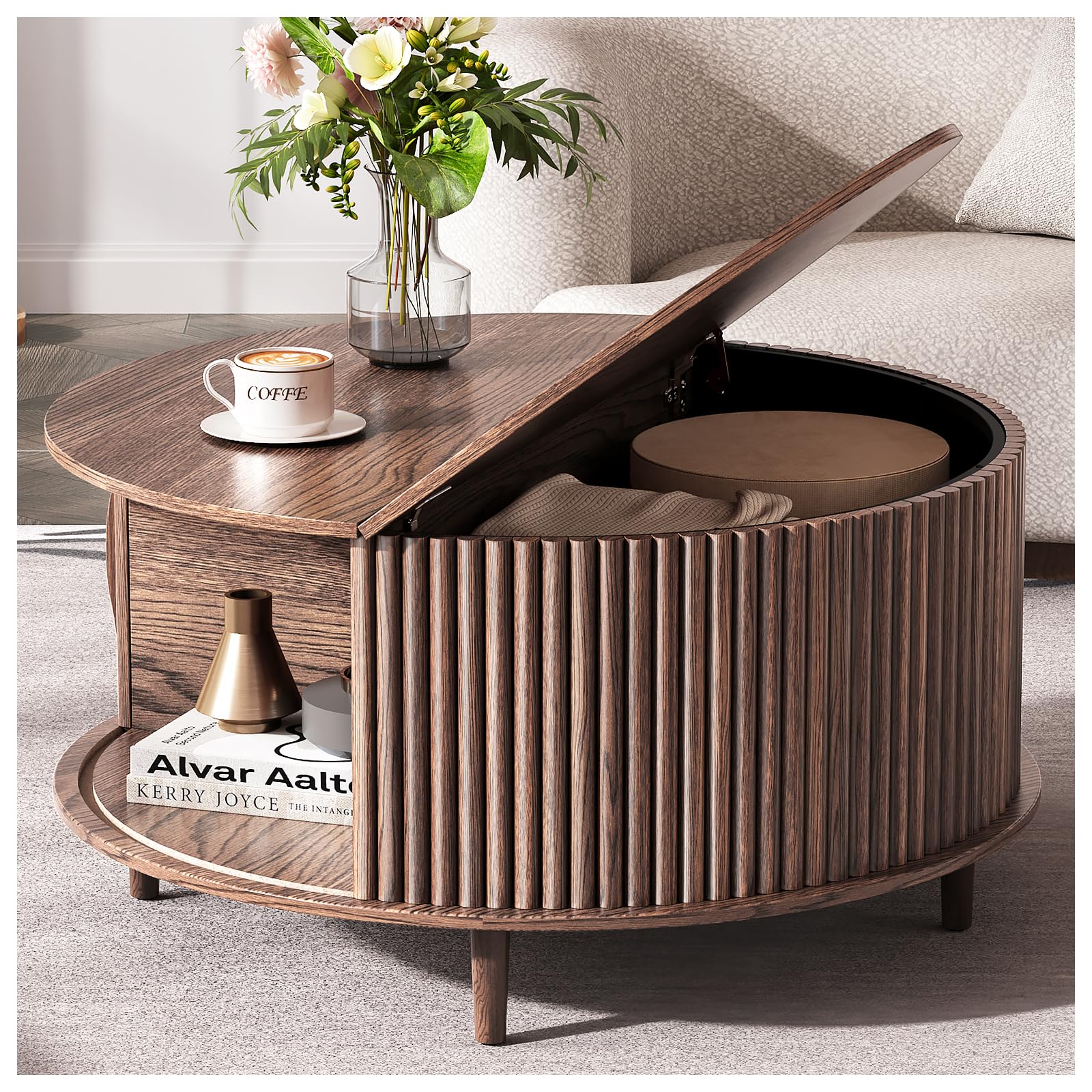 JOINICE,Round Coffee Table with Storage, 31.5" Fluted Center Table for Living Room, Modern Walnut Wood Circle Drum Table with Sliding Cabinet Door, Mid Century Furniture for Small Space