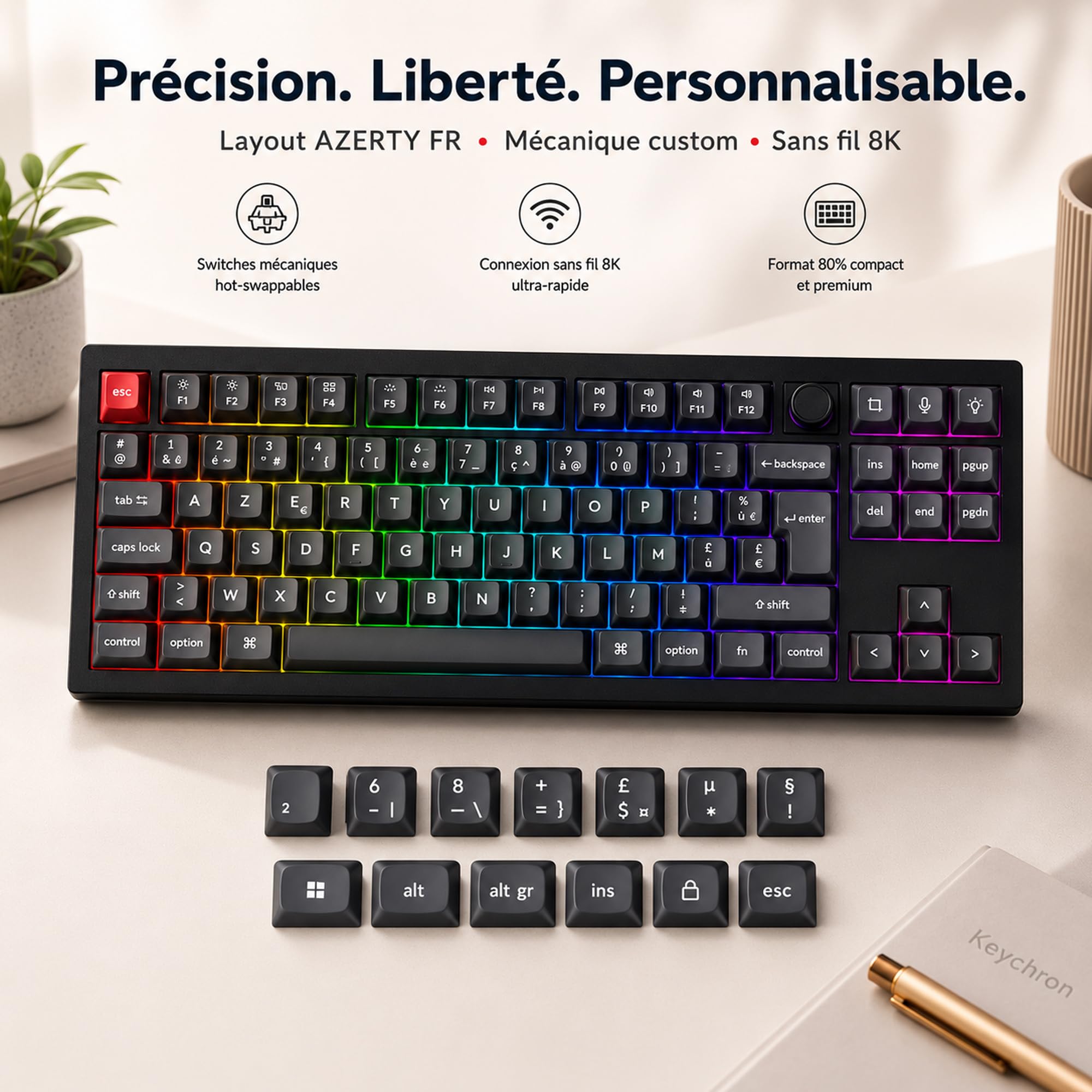 Keychron V3 Ultra 8K Clavier Mécanique sans Fil 80% Compact, 2.4GHz/Bluetooth 5.3/USB-C, Touches PBT OSA, RGB Personnalisable, Switches Rouges Pom Hot-Swap pour Mac/Windows/Linux (Disposition AZERTY)