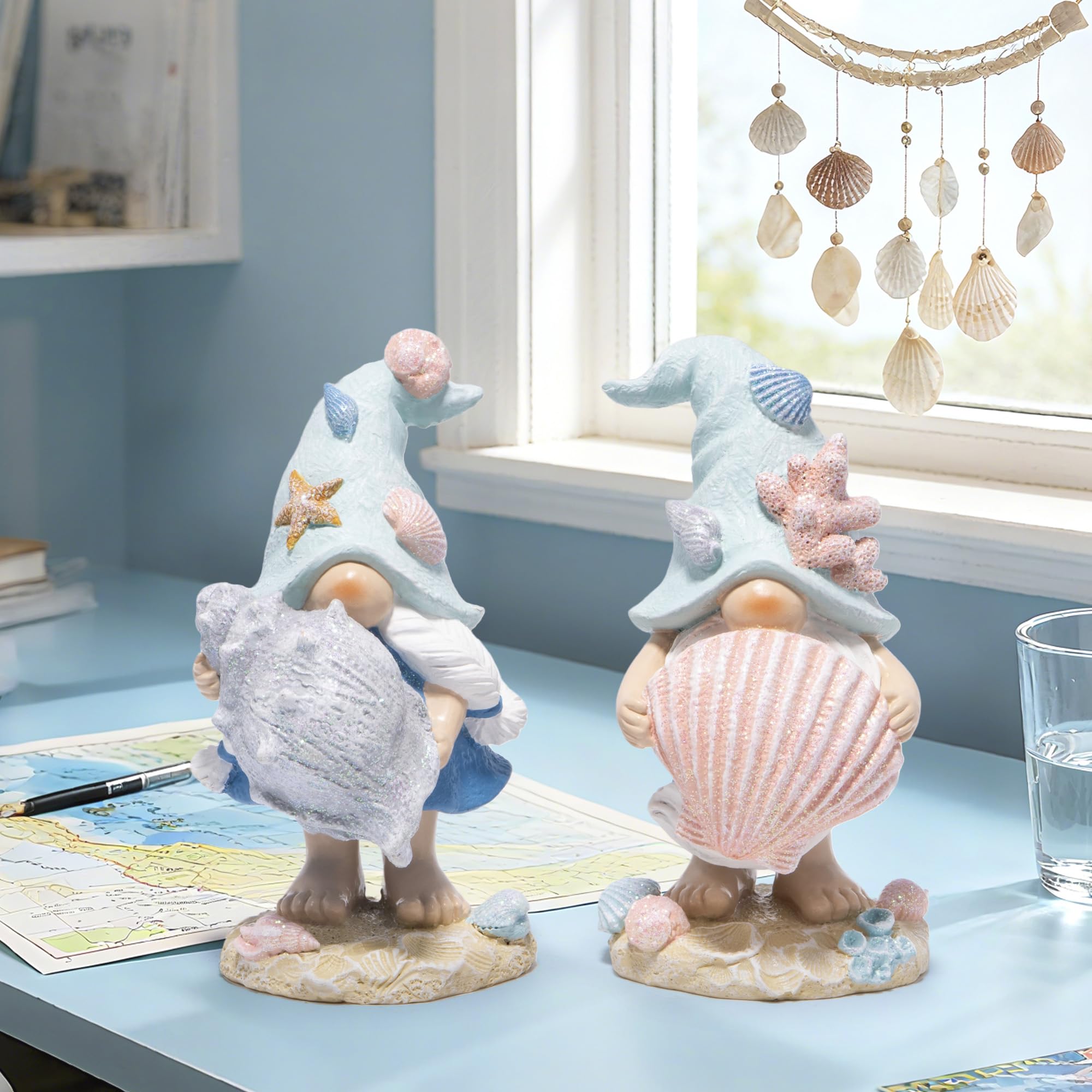 Hodao Ocean Elf Figurines with Seashell & Conch – Coastal Nautical Beach Elf Decor for Coastal Living Room, Ocean Themed Home Tabletop Decoration, Gift for Retirees (Blue-Grey)